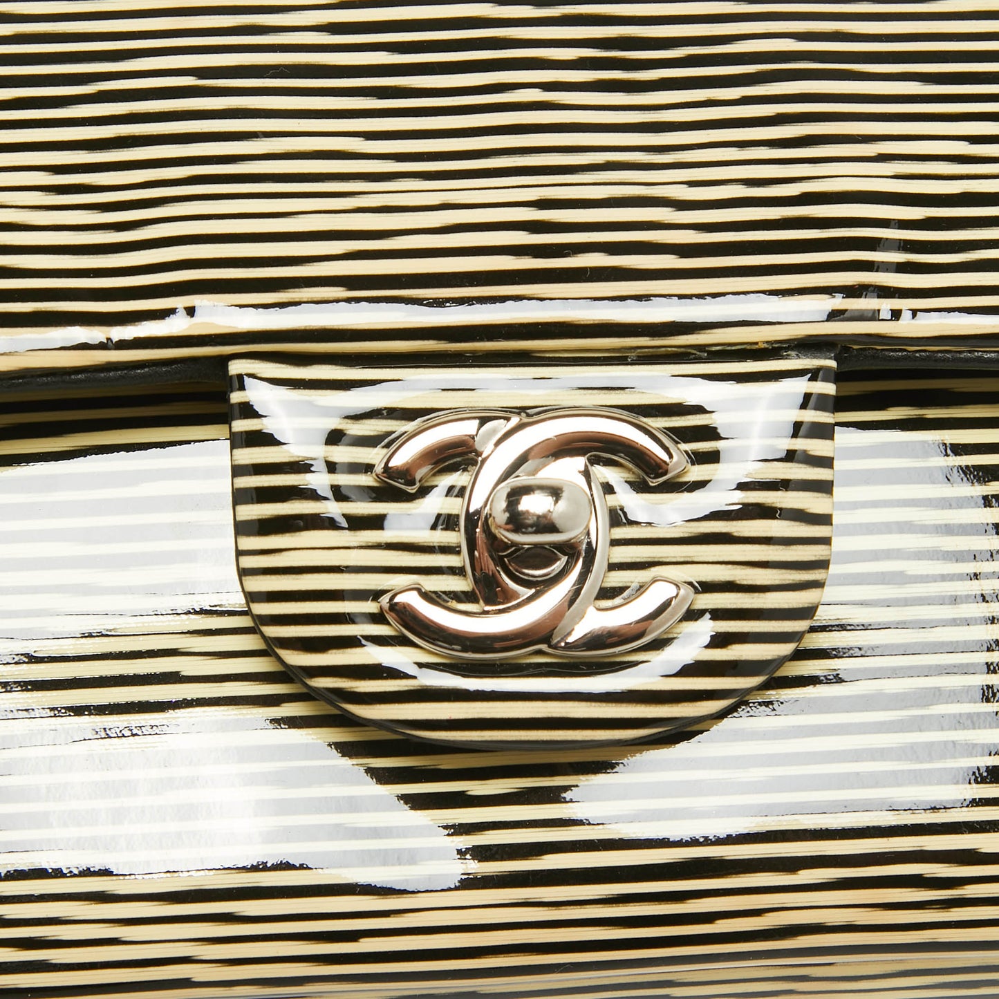 CHANEL Cream Striped Patent Leather Medium Classic Double Flap Bag