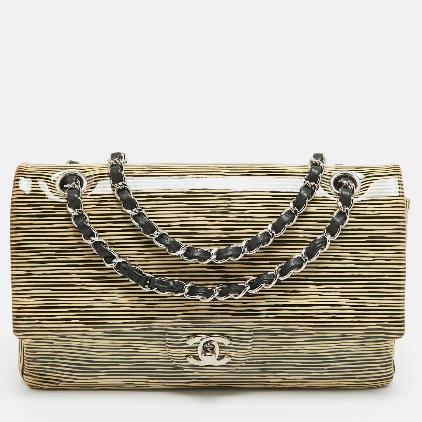 CHANEL Cream Striped Patent Leather Medium Classic Double Flap Bag