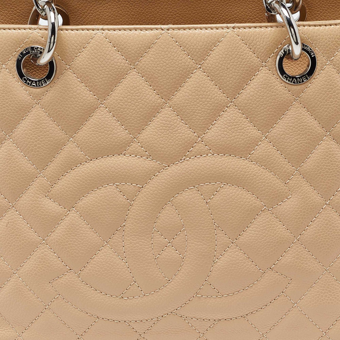 CHANEL Beige Quilted Caviar Leather Grand Shopper Tote