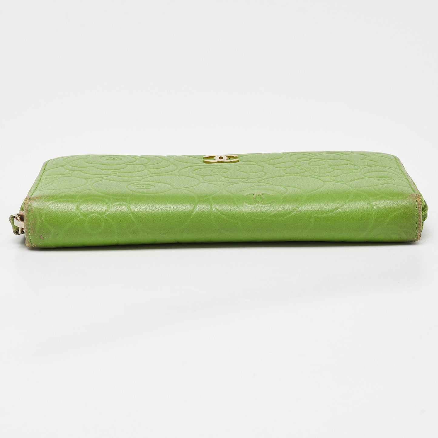 CHANEL Green Leather Camellia Zip Around Wallet
