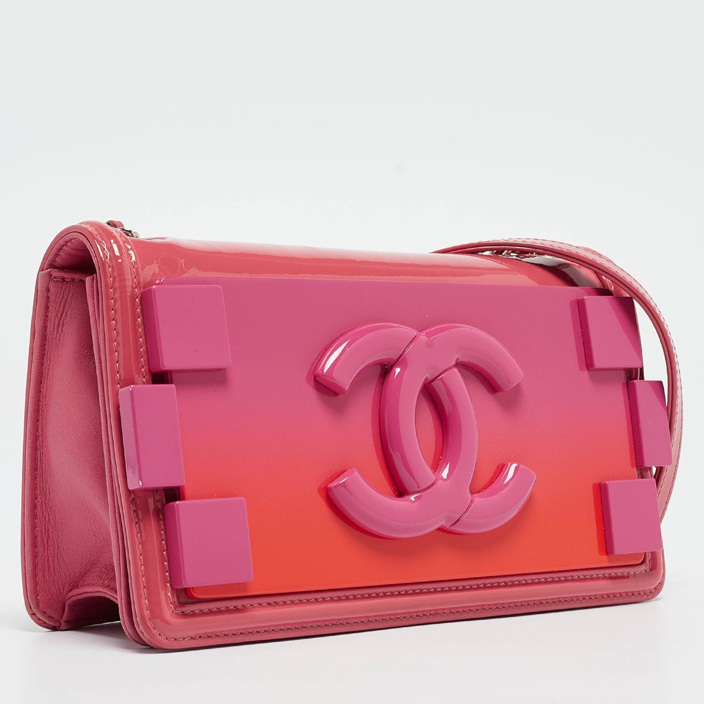CHANEL Pink/Orange Plexiglass and Patent Leather Small Boy Brick Flap Bag