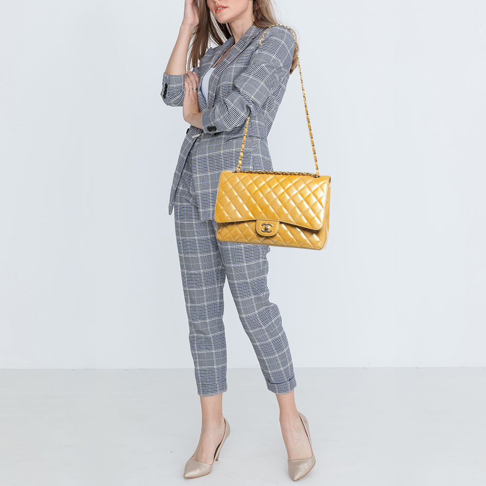 CHANEL Gold Quilted Patent Leather Maxi Classic Single Flap Bag