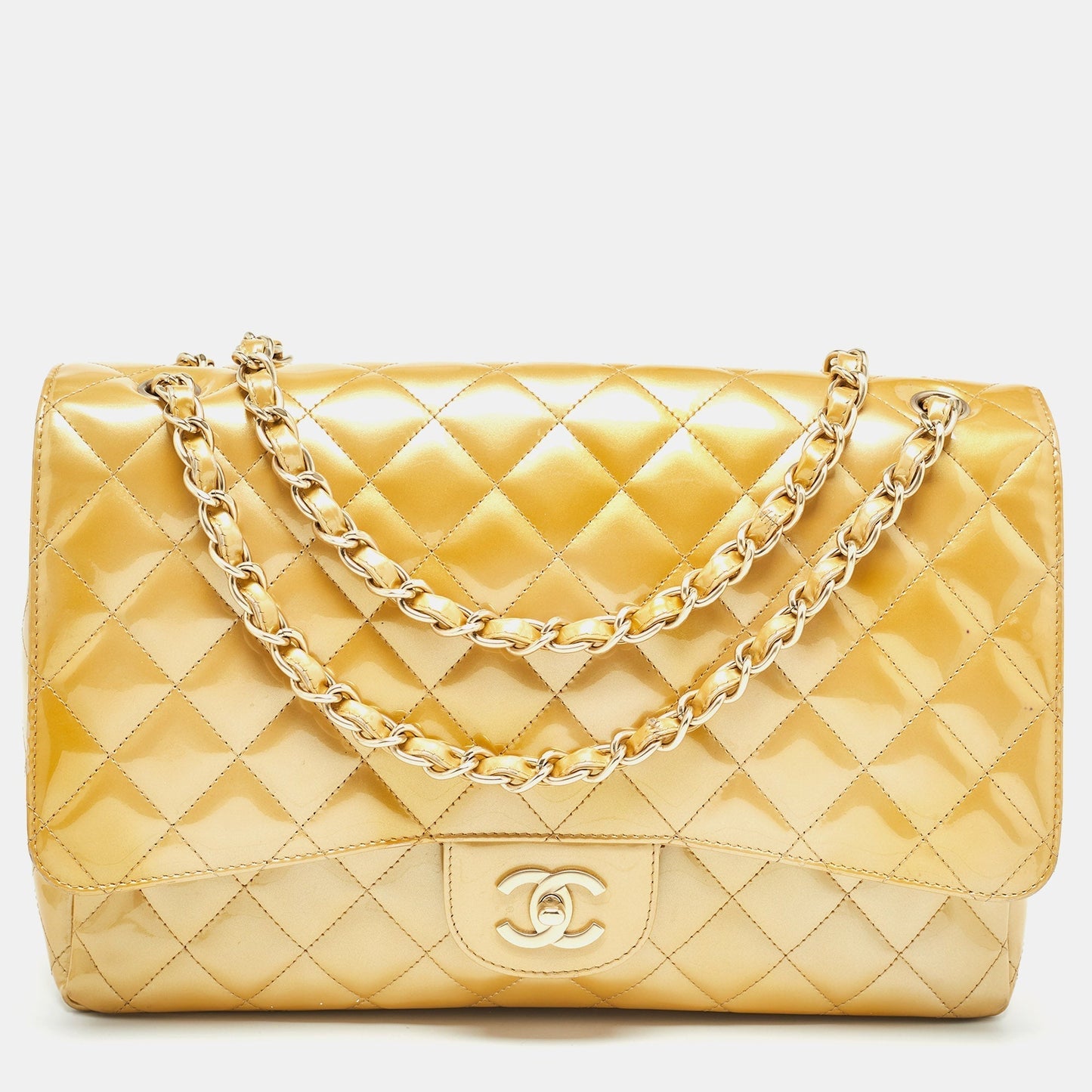 CHANEL Gold Quilted Patent Leather Maxi Classic Single Flap Bag