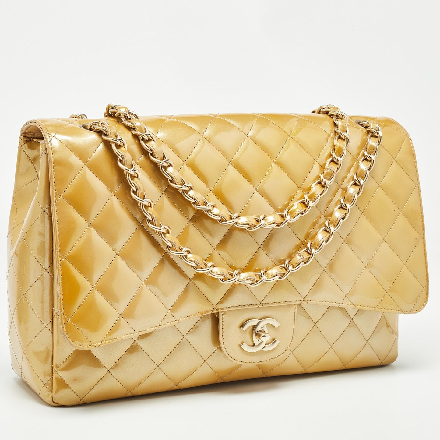 CHANEL Gold Quilted Patent Leather Maxi Classic Single Flap Bag