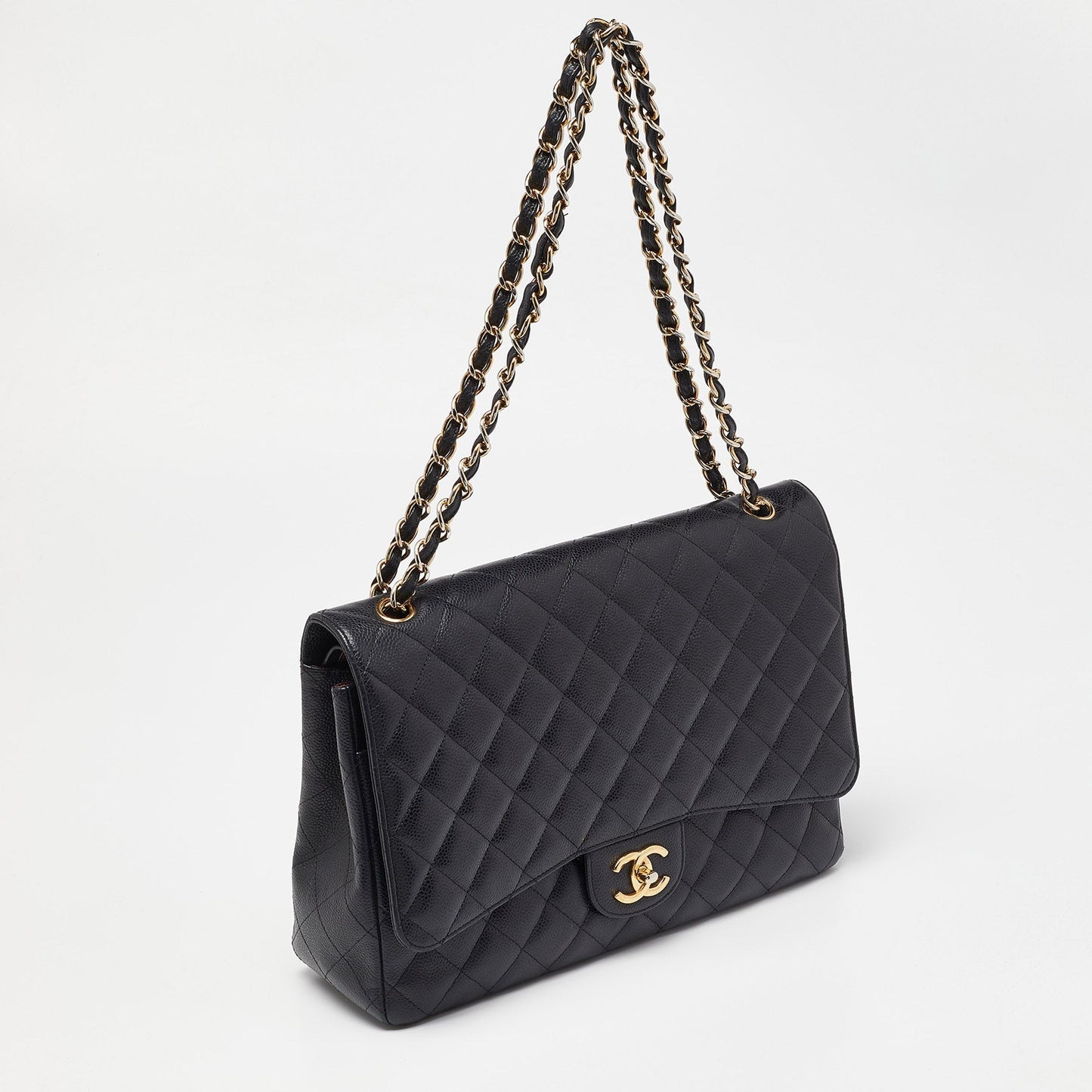 CHANEL Black Quilted Caviar Leather Maxi Classic Double Flap Bag