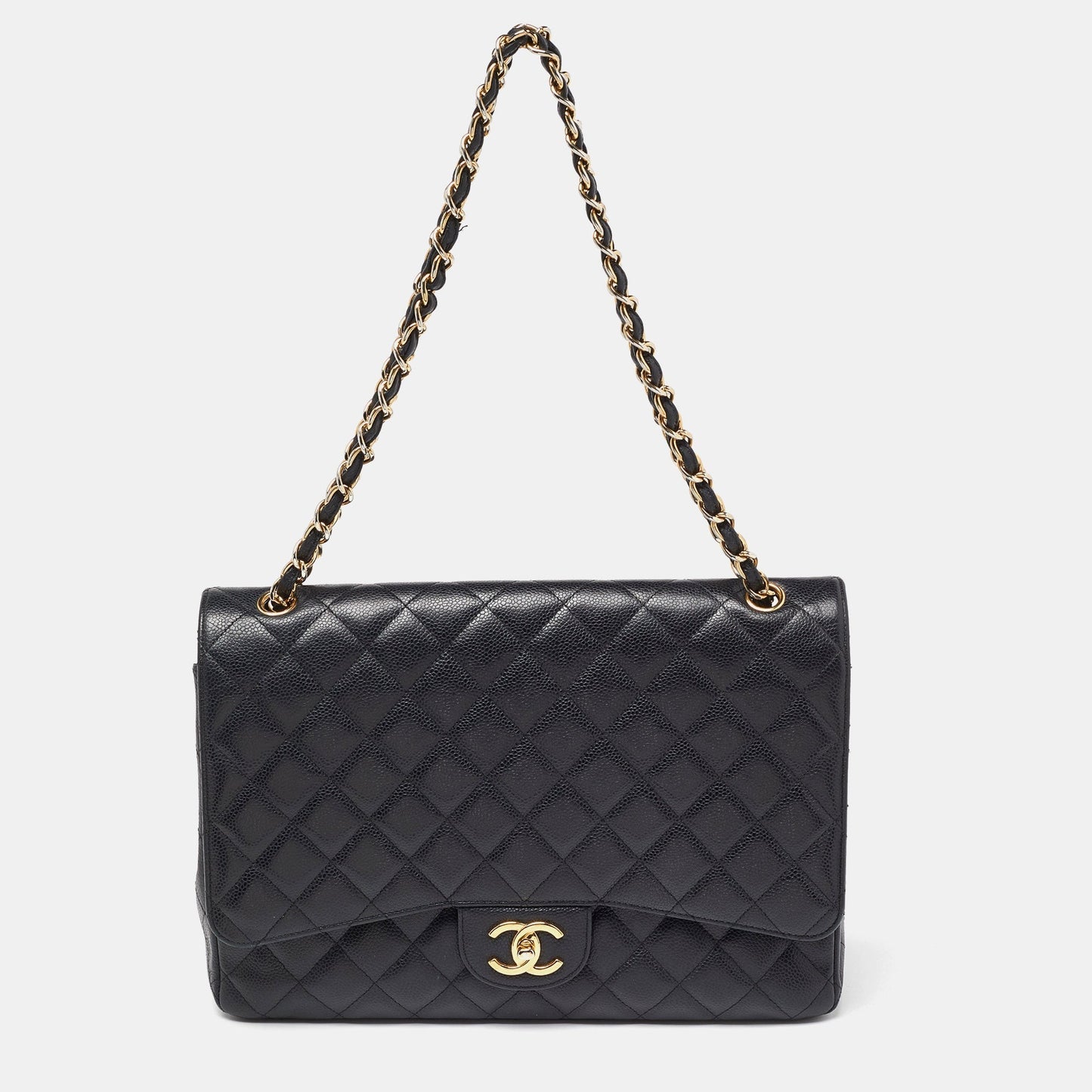 CHANEL Black Quilted Caviar Leather Maxi Classic Double Flap Bag