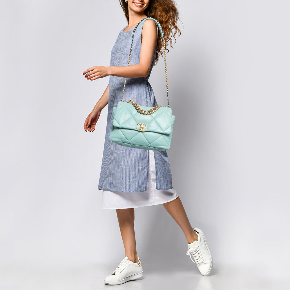 CHANEL Light Blue Quilted Leather Large 19 Flap Bag