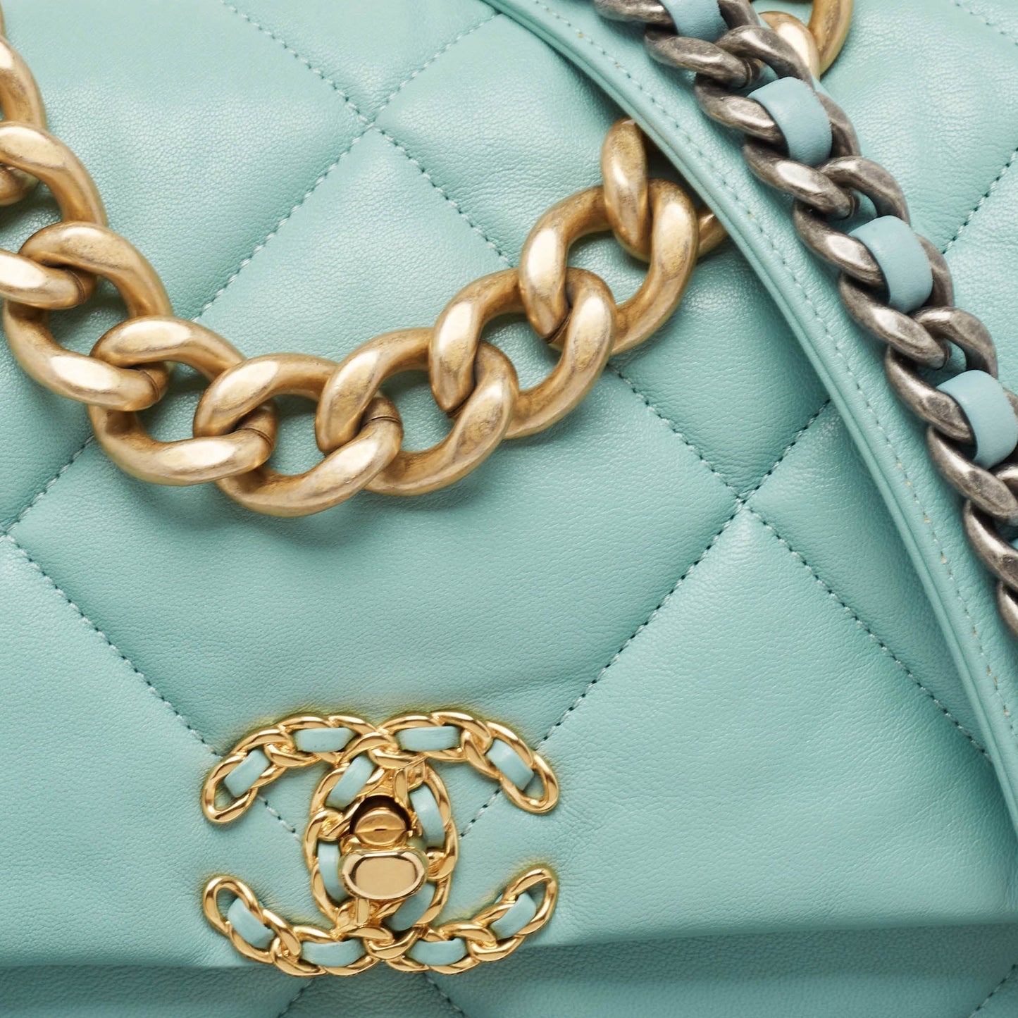 CHANEL Light Blue Quilted Leather Large 19 Flap Bag