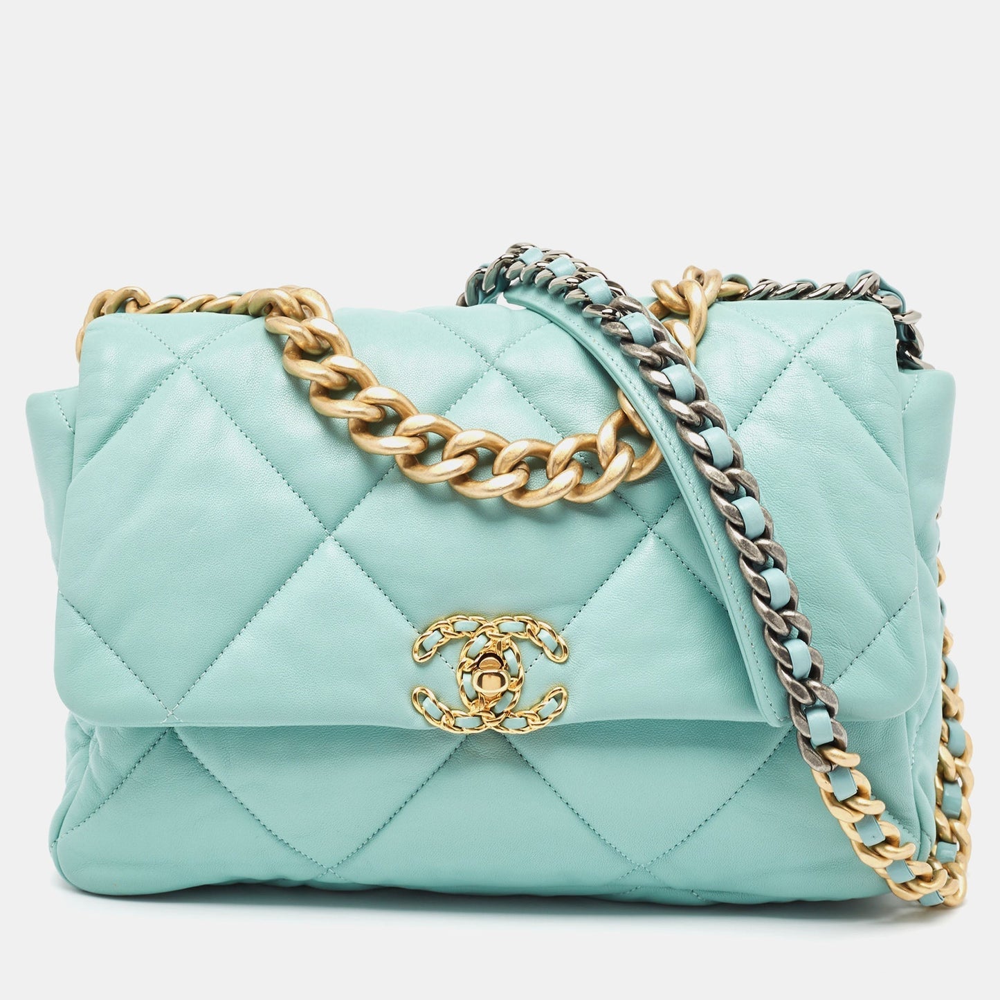 CHANEL Light Blue Quilted Leather Large 19 Flap Bag