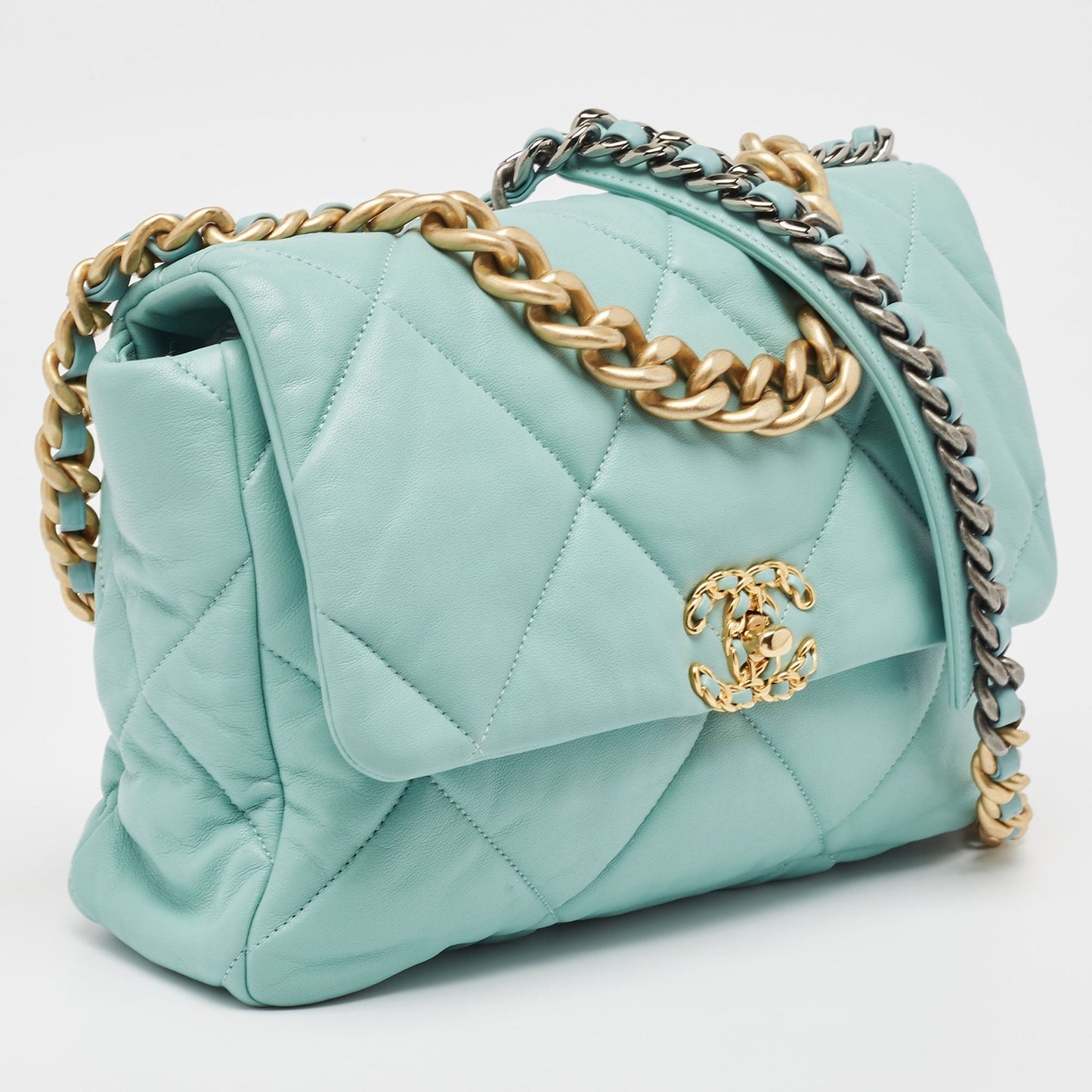 CHANEL Light Blue Quilted Leather Large 19 Flap Bag