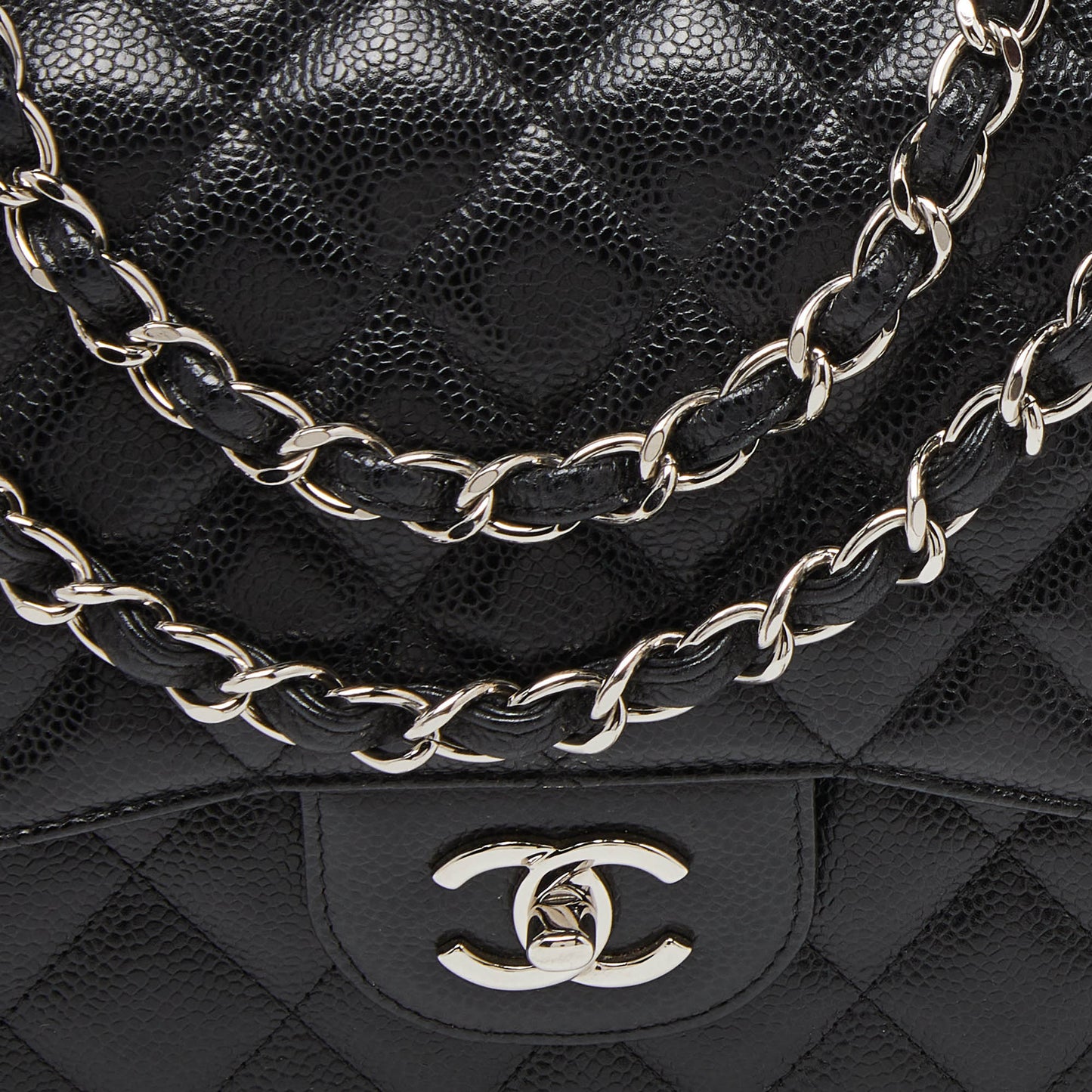 CHANEL Black Caviar Quilted Leather Jumbo Classic Double Flap Bag