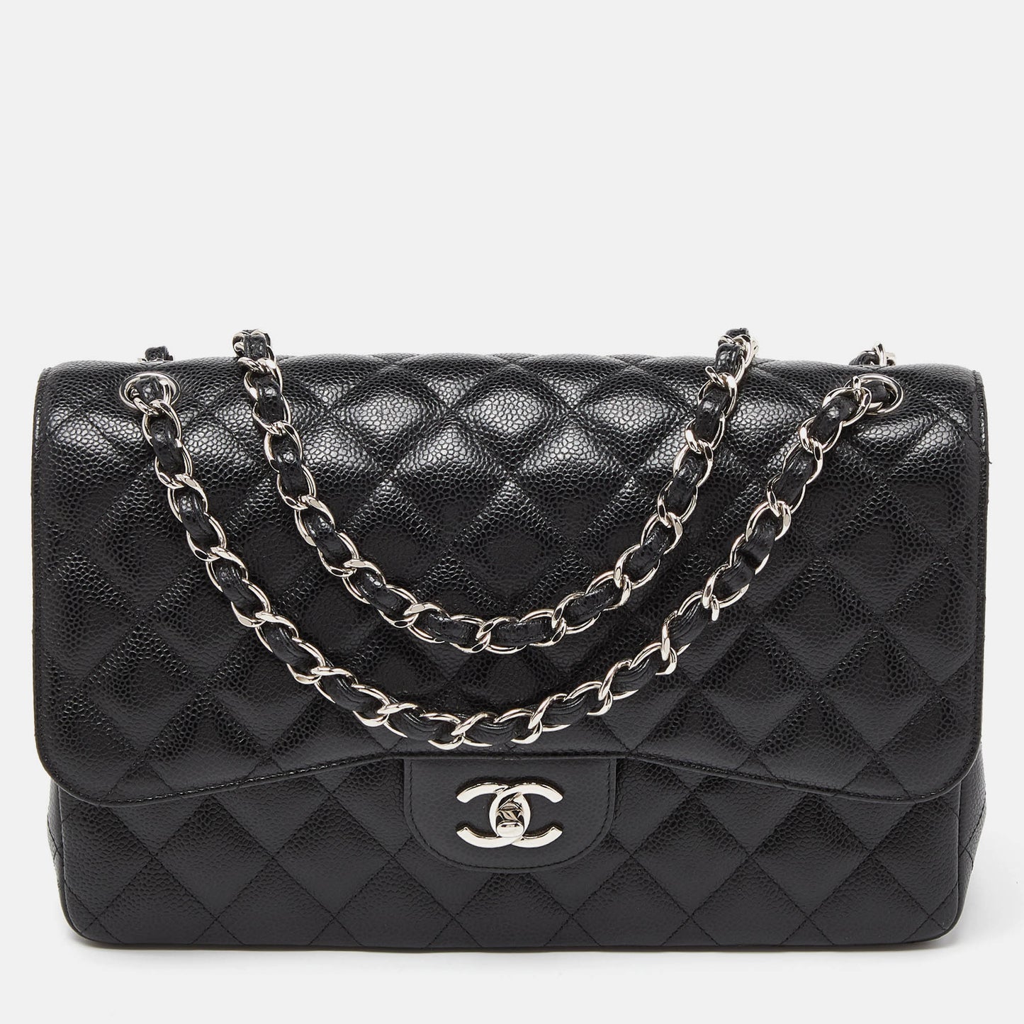 CHANEL Black Caviar Quilted Leather Jumbo Classic Double Flap Bag