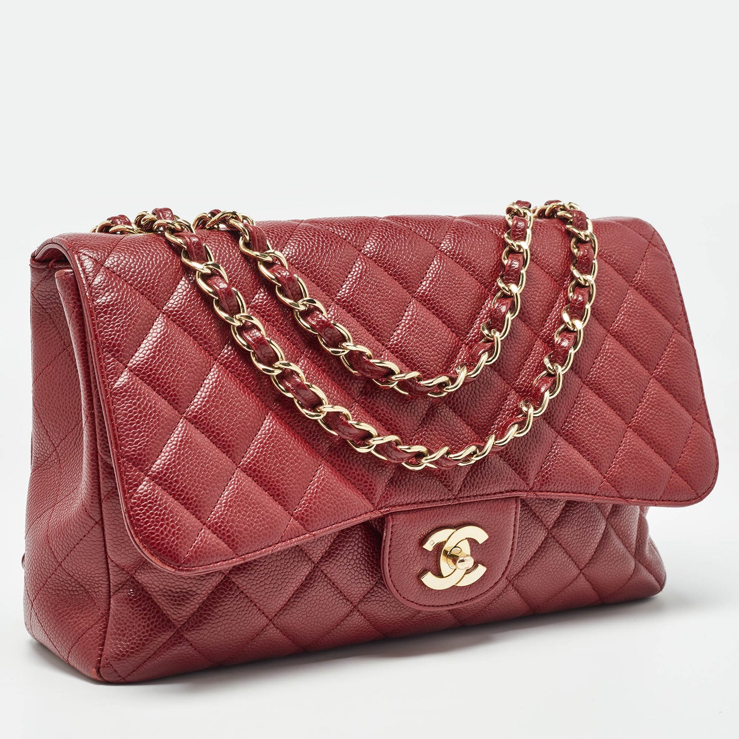 CHANEL Red Quilted Caviar Leather Jumbo Classic Single Flap Bag