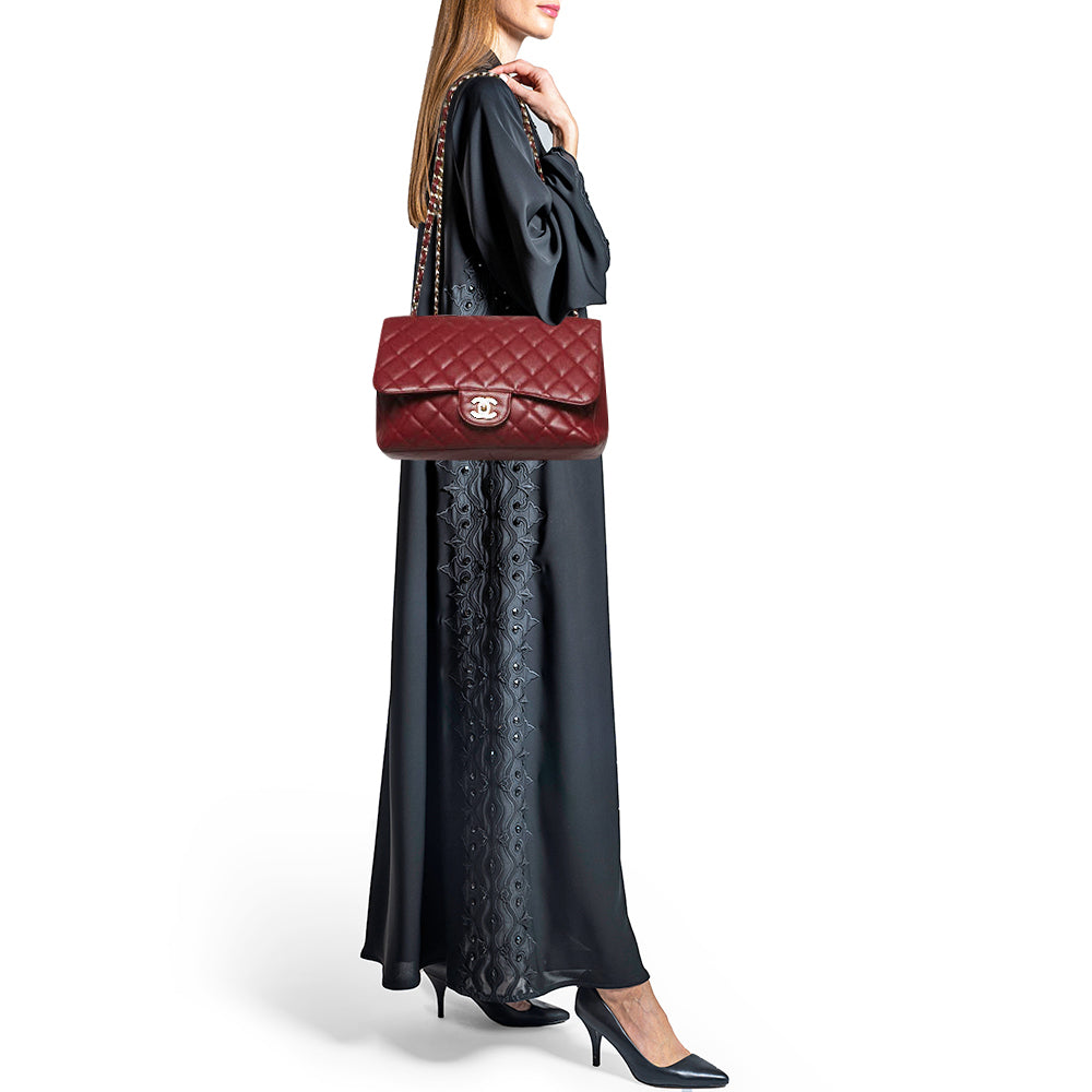 CHANEL Red Quilted Caviar Leather Jumbo Classic Single Flap Bag