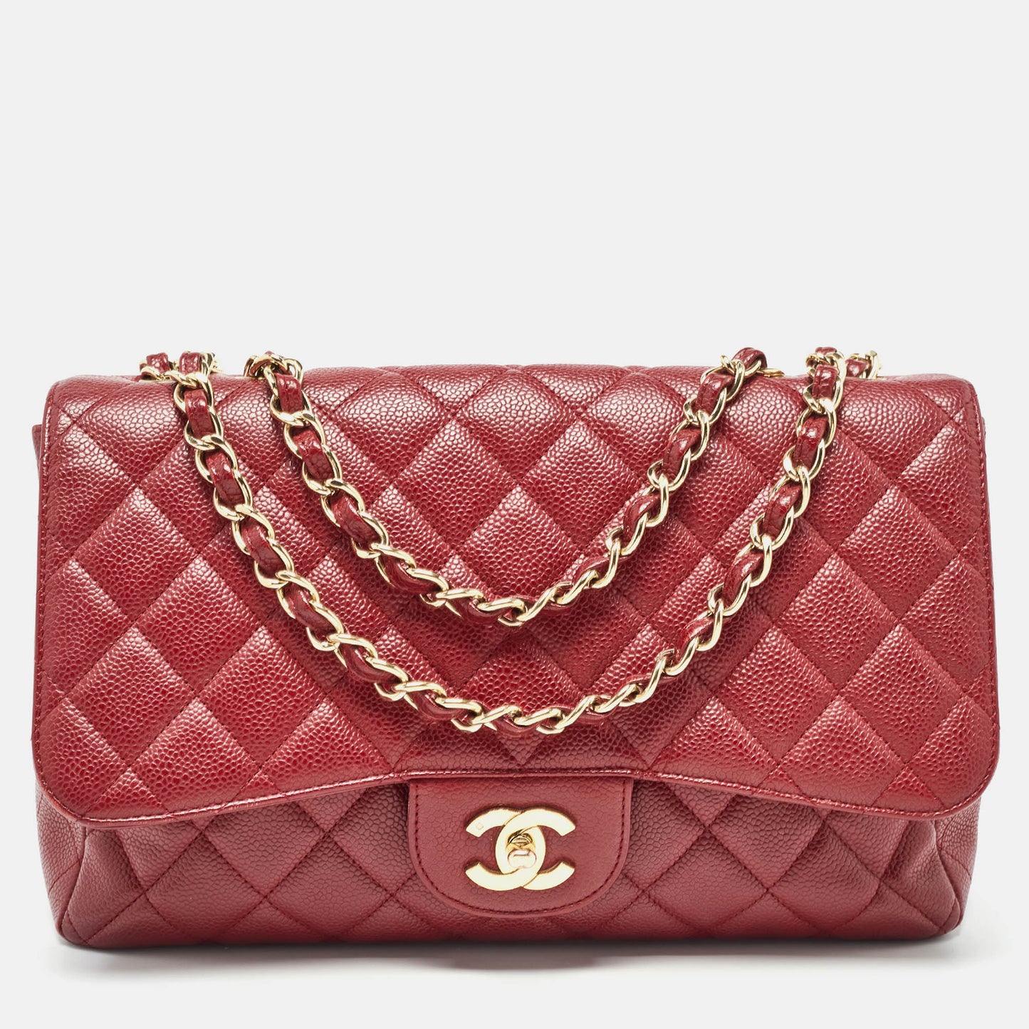 CHANEL Red Quilted Caviar Leather Jumbo Classic Single Flap Bag