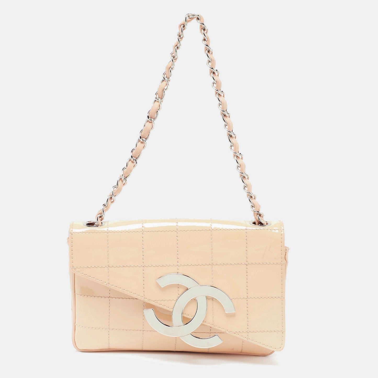 CHANEL Peach Square Quilt Patent Leather Diagonal CC Flap Bag