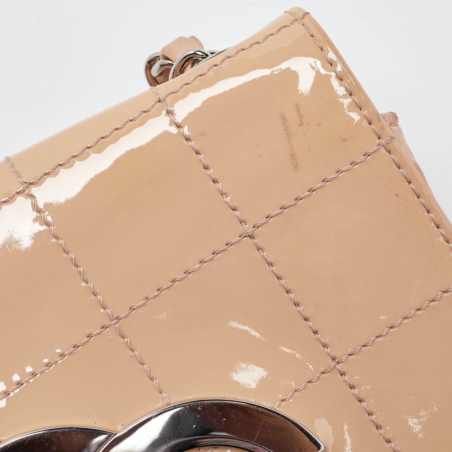 CHANEL Peach Square Quilt Patent Leather Diagonal CC Flap Bag