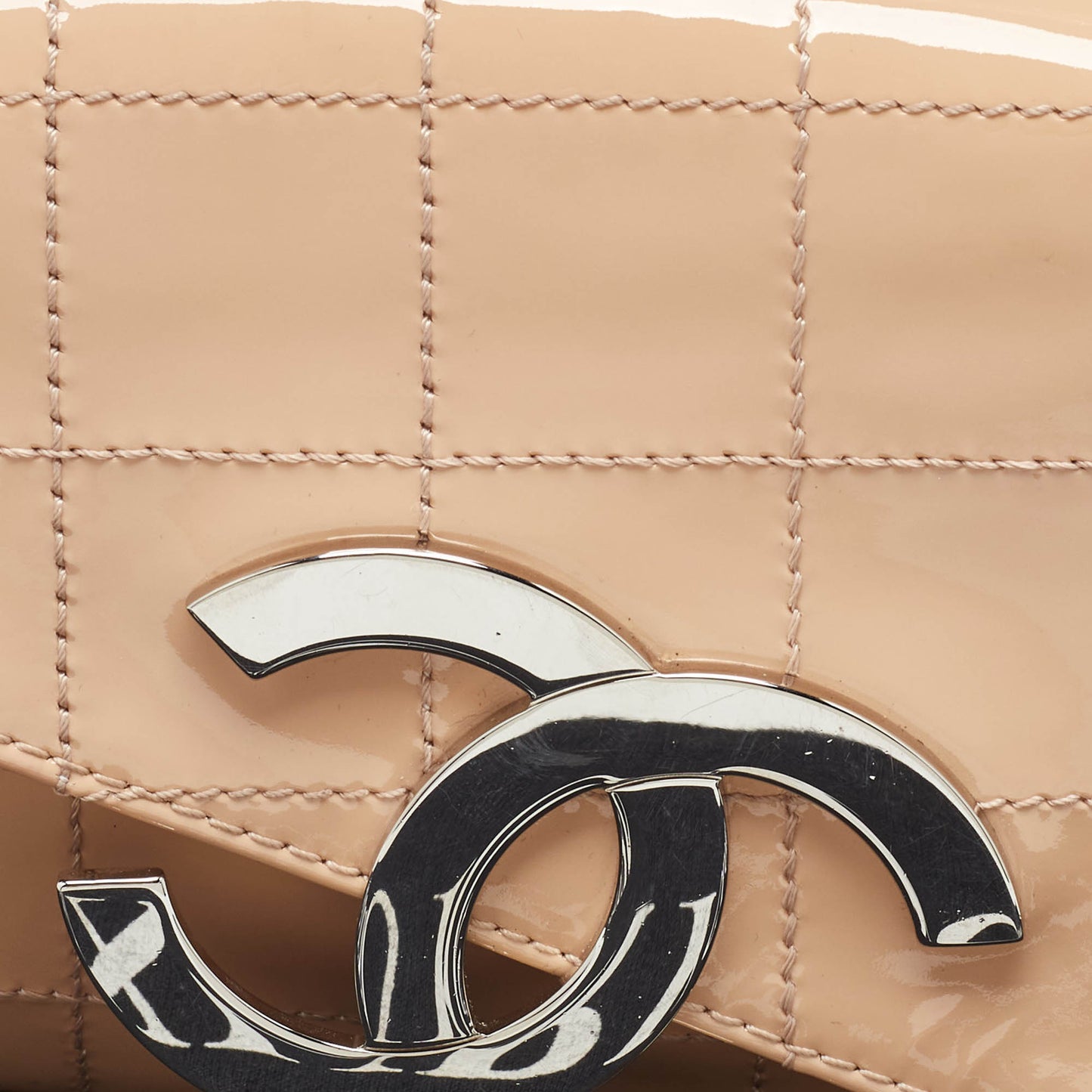 CHANEL Peach Square Quilt Patent Leather Diagonal CC Flap Bag