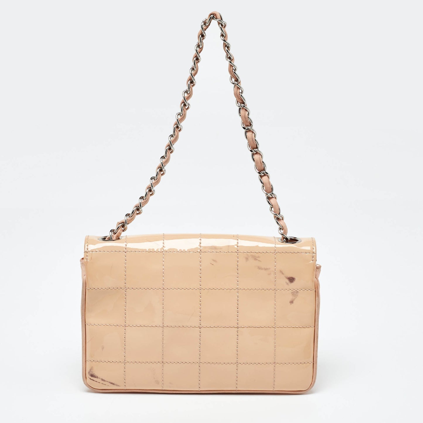 CHANEL Peach Square Quilt Patent Leather Diagonal CC Flap Bag