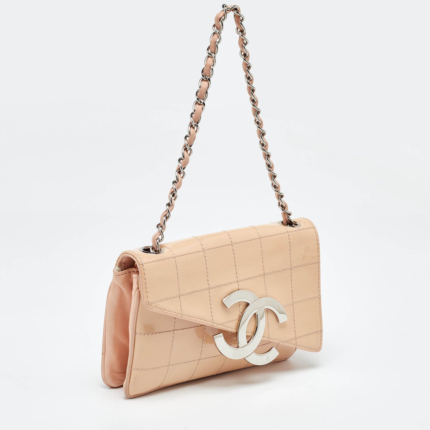 CHANEL Peach Square Quilt Patent Leather Diagonal CC Flap Bag