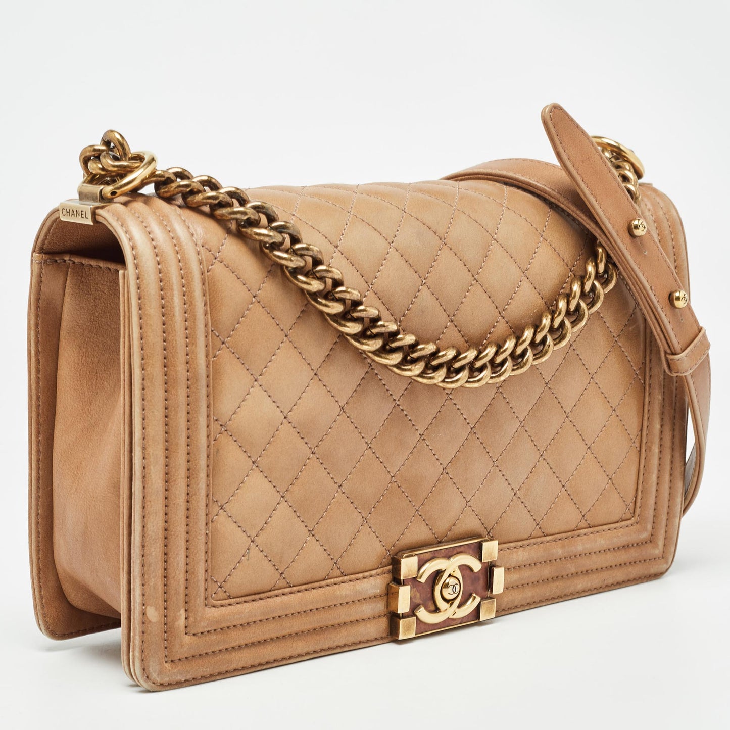 CHANEL Brown Marble Effect Quilted Leather New Medium Boy Flap Bag