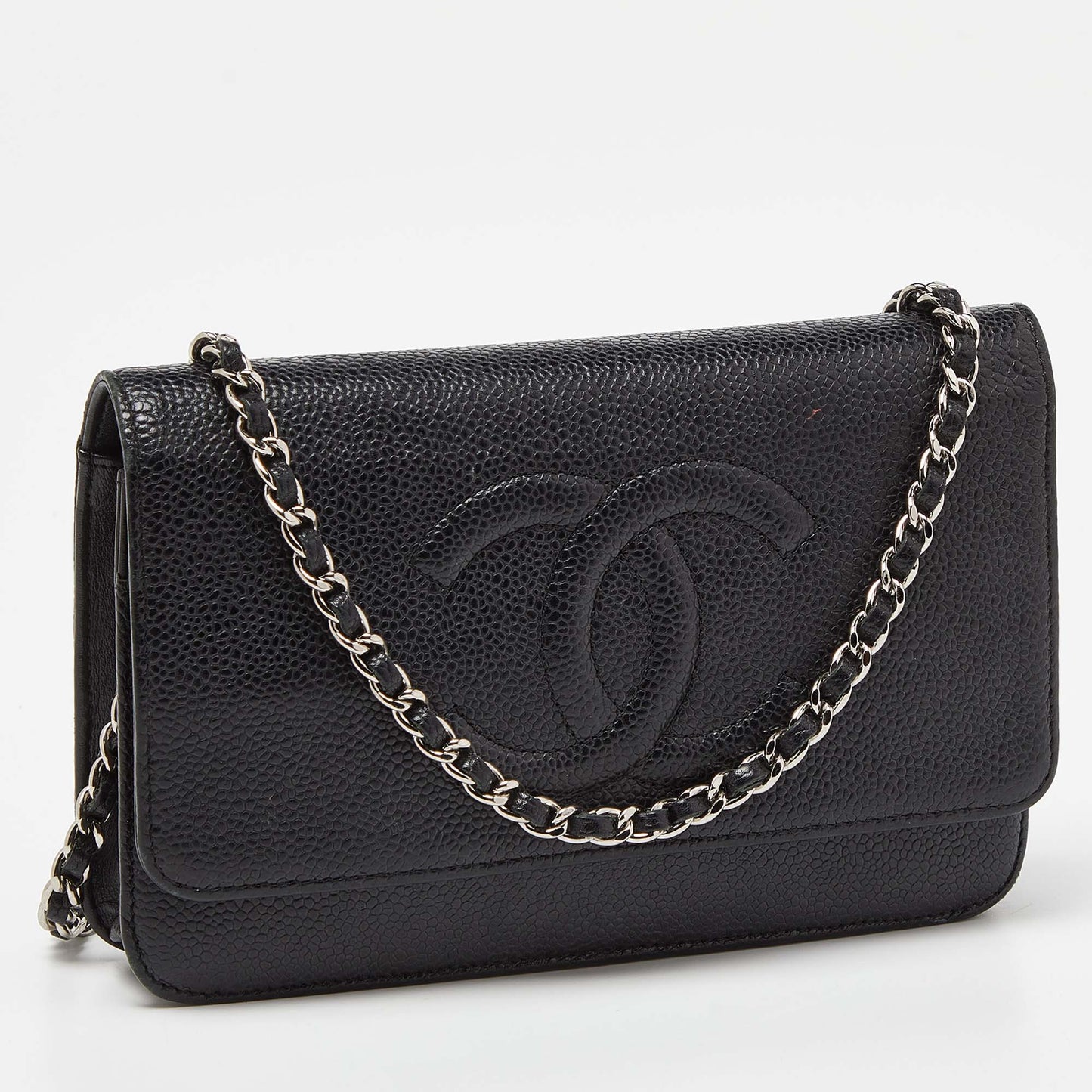 CHANEL Black Quilted Caviar Leather Classic Wallet On Chain