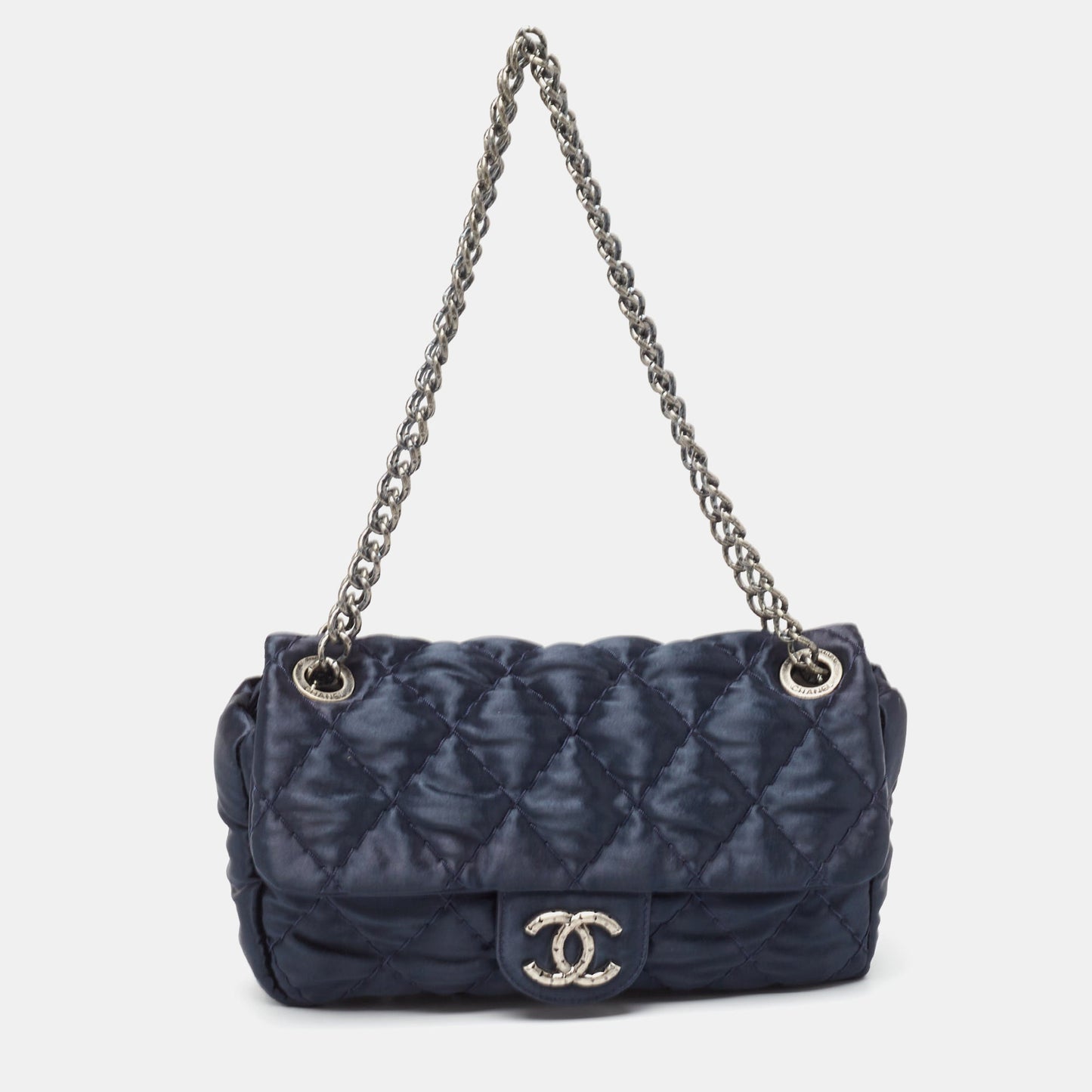CHANEL Navy Blue Quilted Satin Medium Classic Single Flap Bag