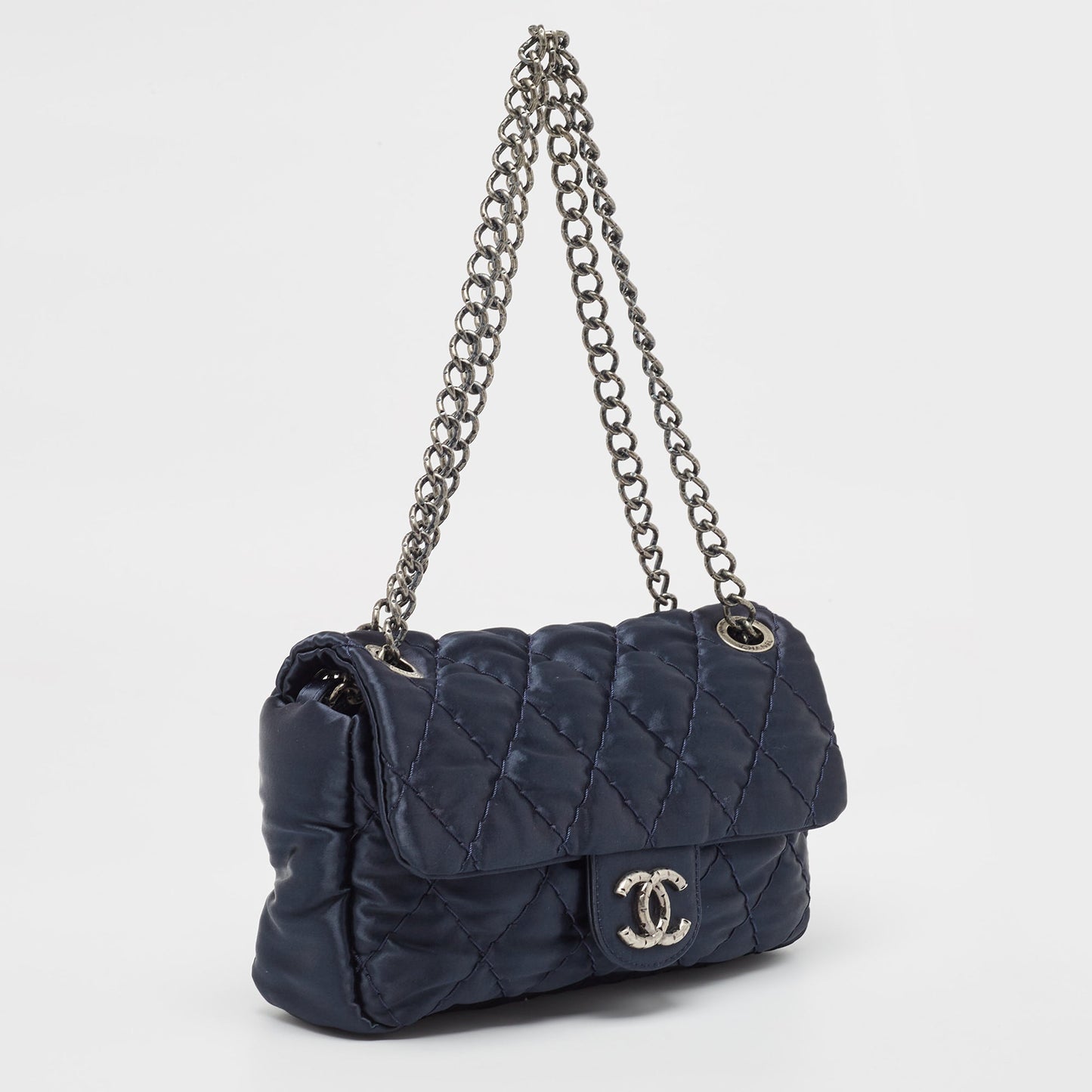 CHANEL Navy Blue Quilted Satin Medium Classic Single Flap Bag