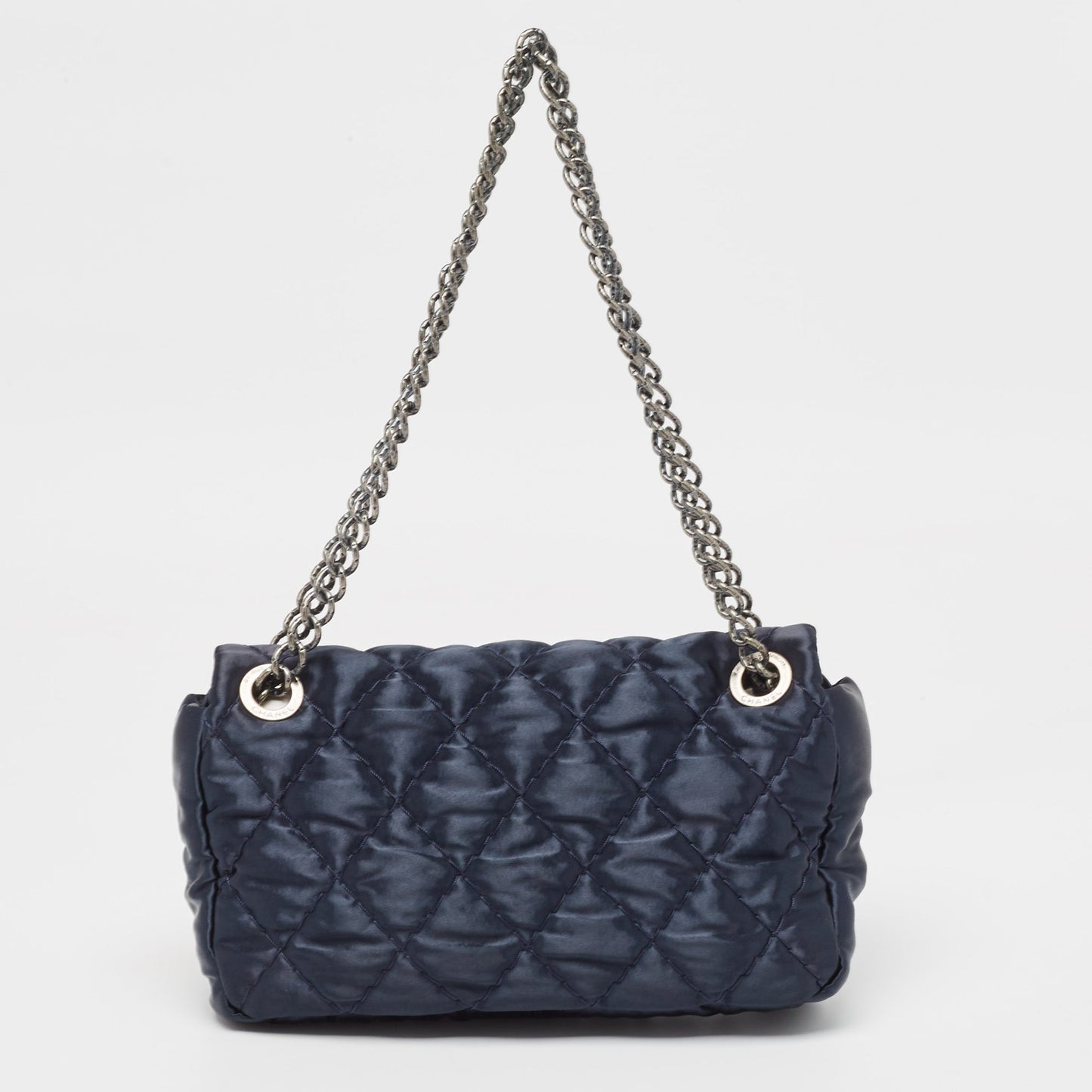CHANEL Navy Blue Quilted Satin Medium Classic Single Flap Bag