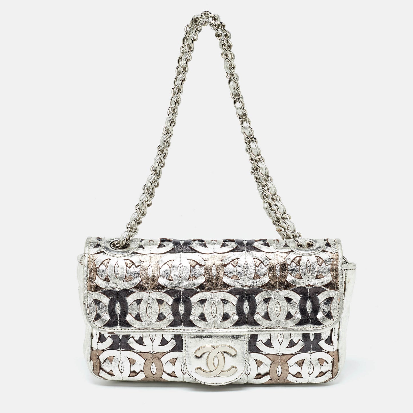 CHANEL Metallic Gold/Silver Leather Medium CC Cutout Flap Bag