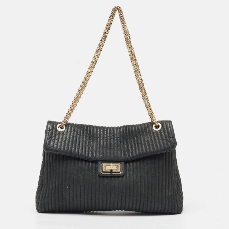 CHANEL Black Vertical Quilt Iridescent Leather Mademoiselle Flap Shoulder Bag