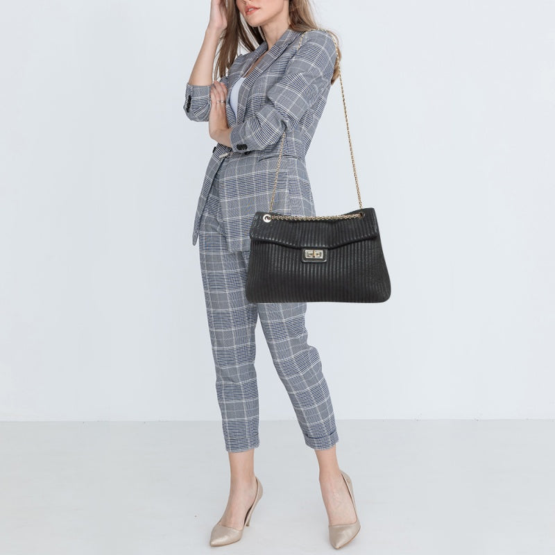 CHANEL Black Vertical Quilt Iridescent Leather Mademoiselle Flap Shoulder Bag