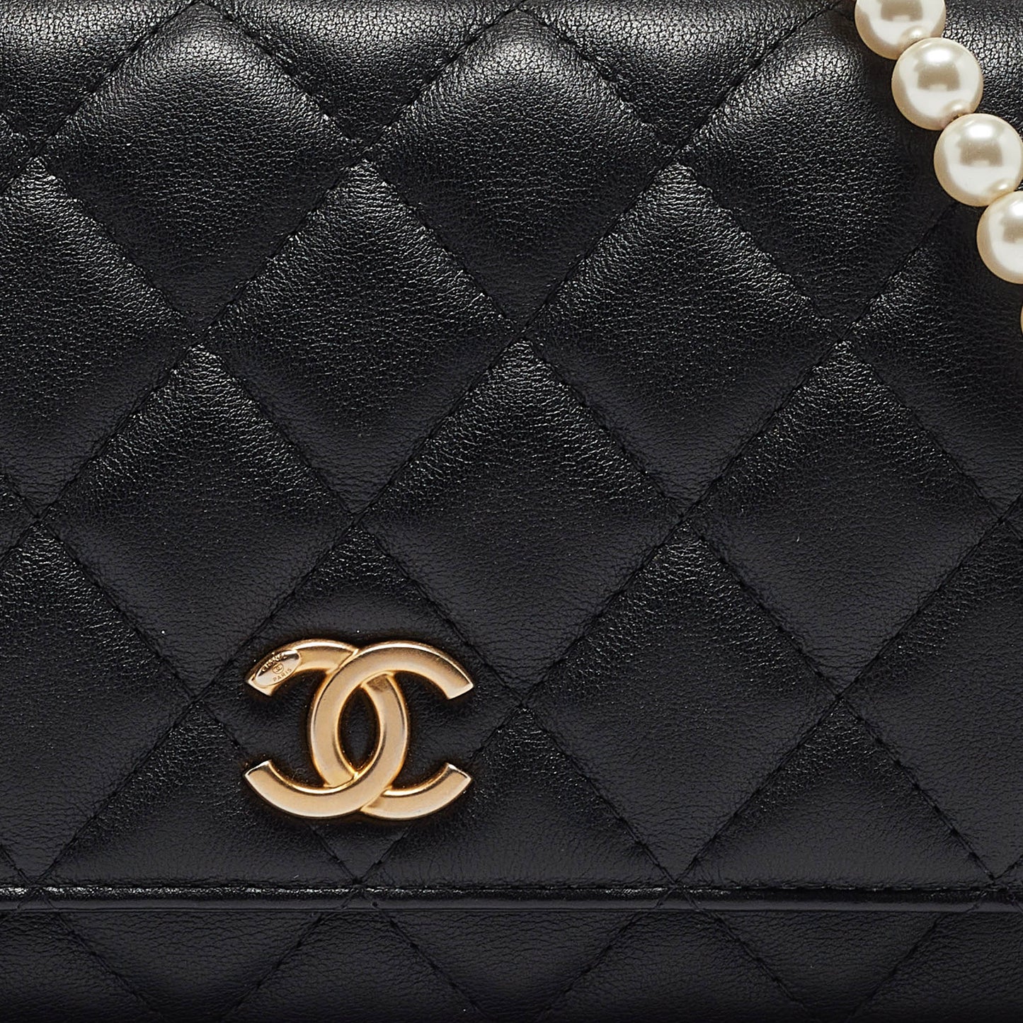 CHANEL Black Quilted Leather Pearl WOC Bag