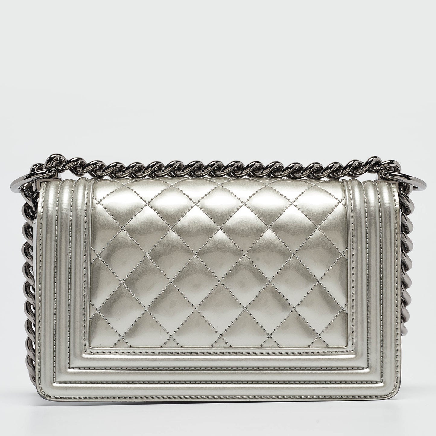 CHANEL Grey Quilted Patent Leather Small Boy Flap Bag