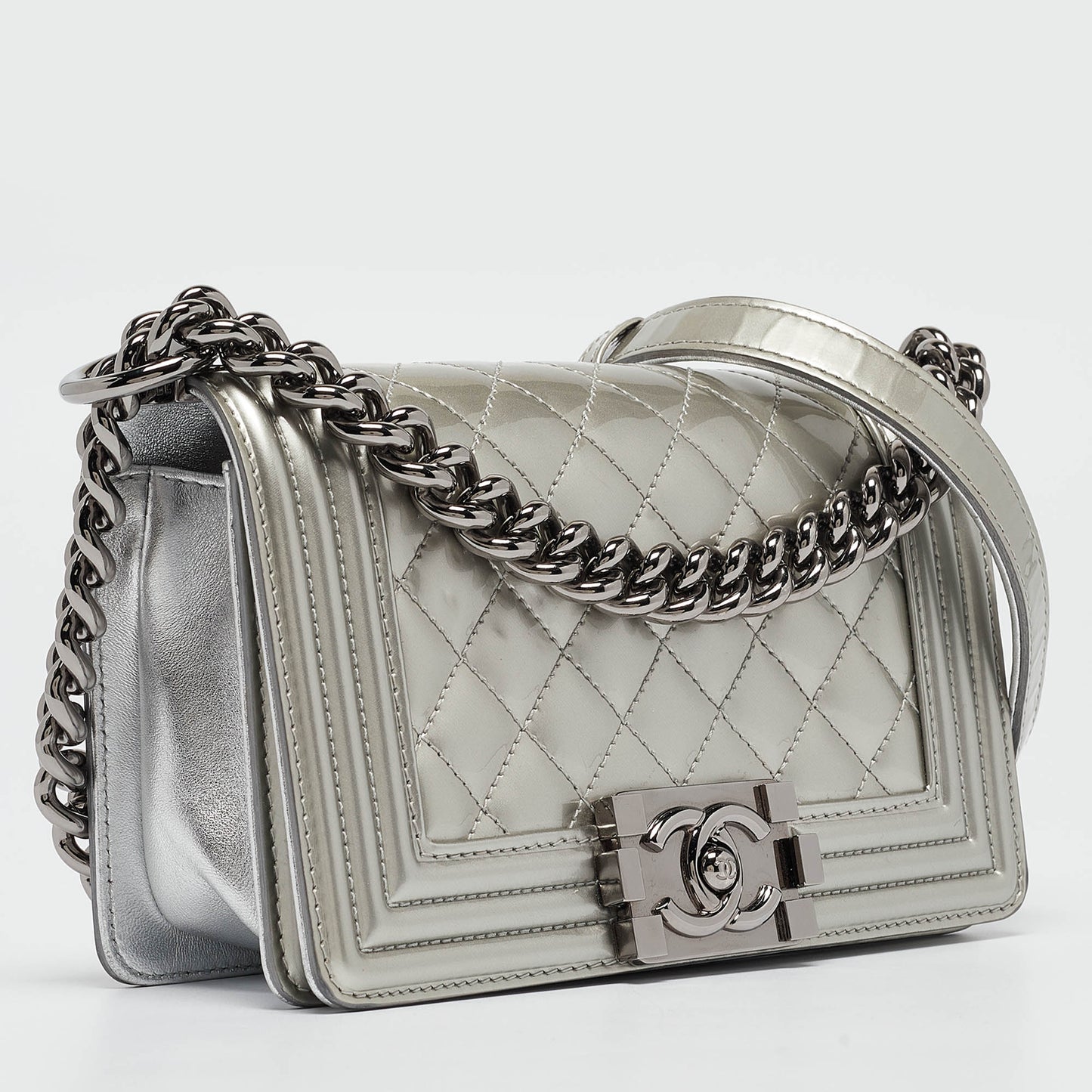 CHANEL Grey Quilted Patent Leather Small Boy Flap Bag