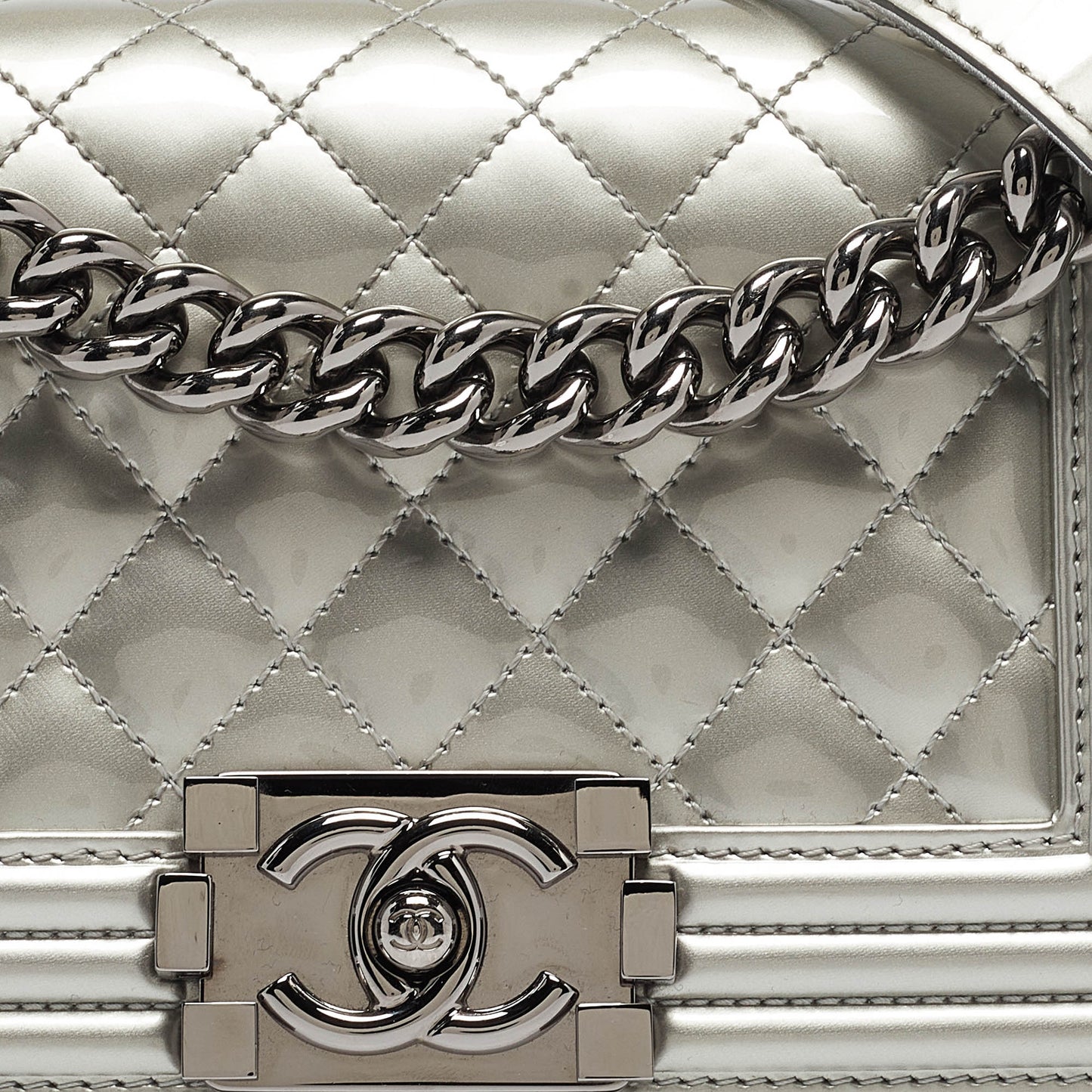 CHANEL Grey Quilted Patent Leather Small Boy Flap Bag