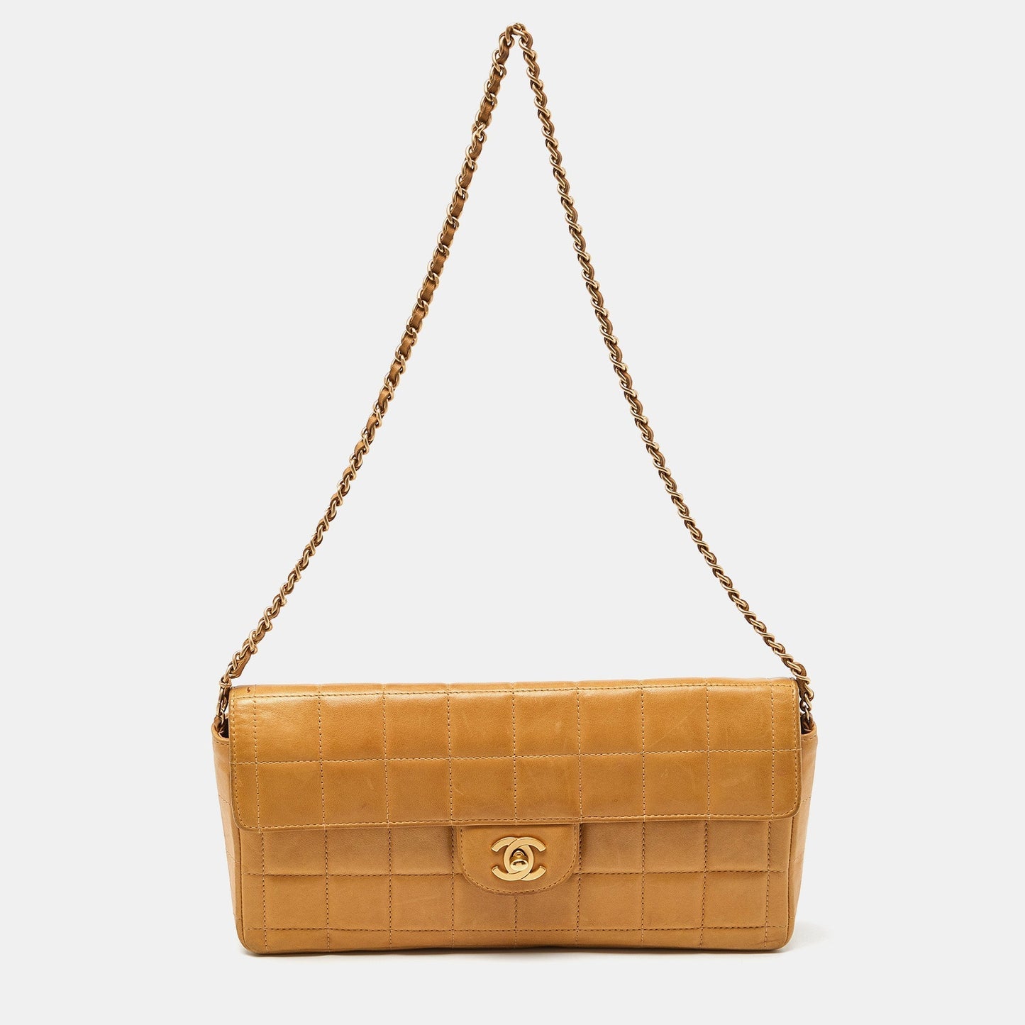 CHANEL Beige Chocolate Bar Quilted Leather East West Flap Bag