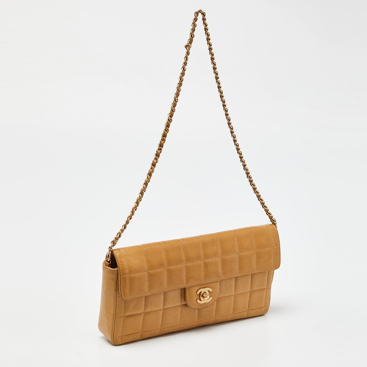CHANEL Beige Chocolate Bar Quilted Leather East West Flap Bag