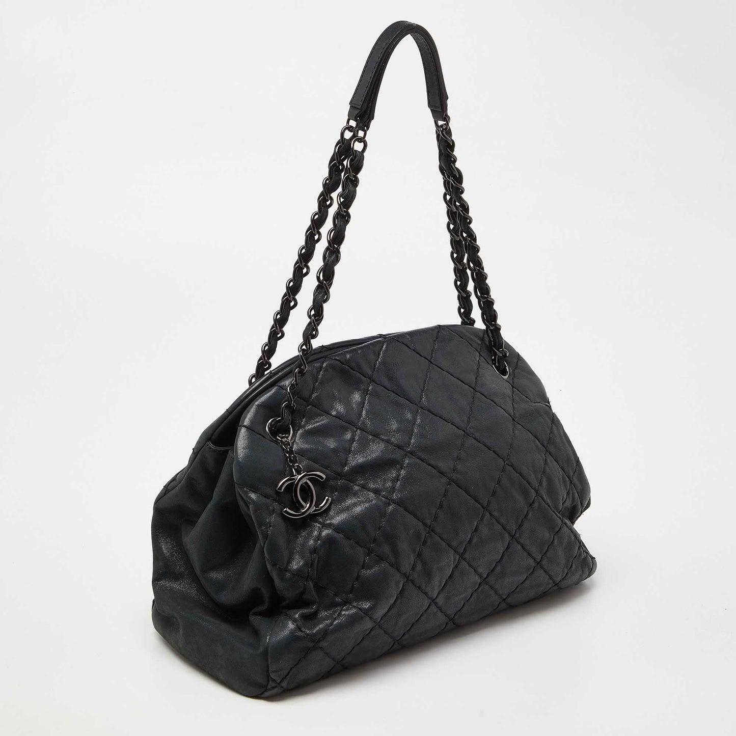 CHANEL Black Quilted Shimmer Leather Medium Just Mademoiselle Bowler Bag
