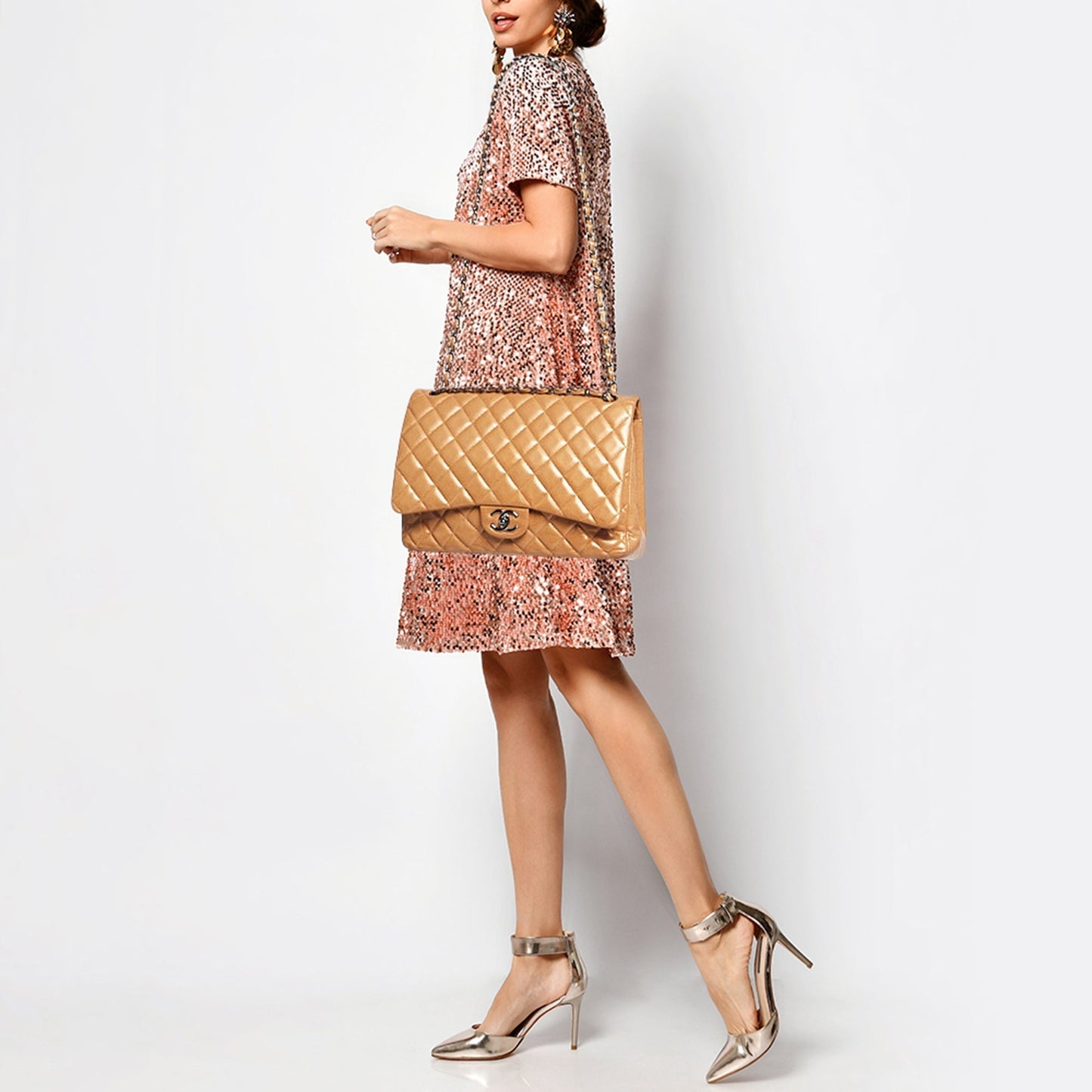 CHANEL Orange Quilted Caviar Leather Maxi Classic Double Flap Bag