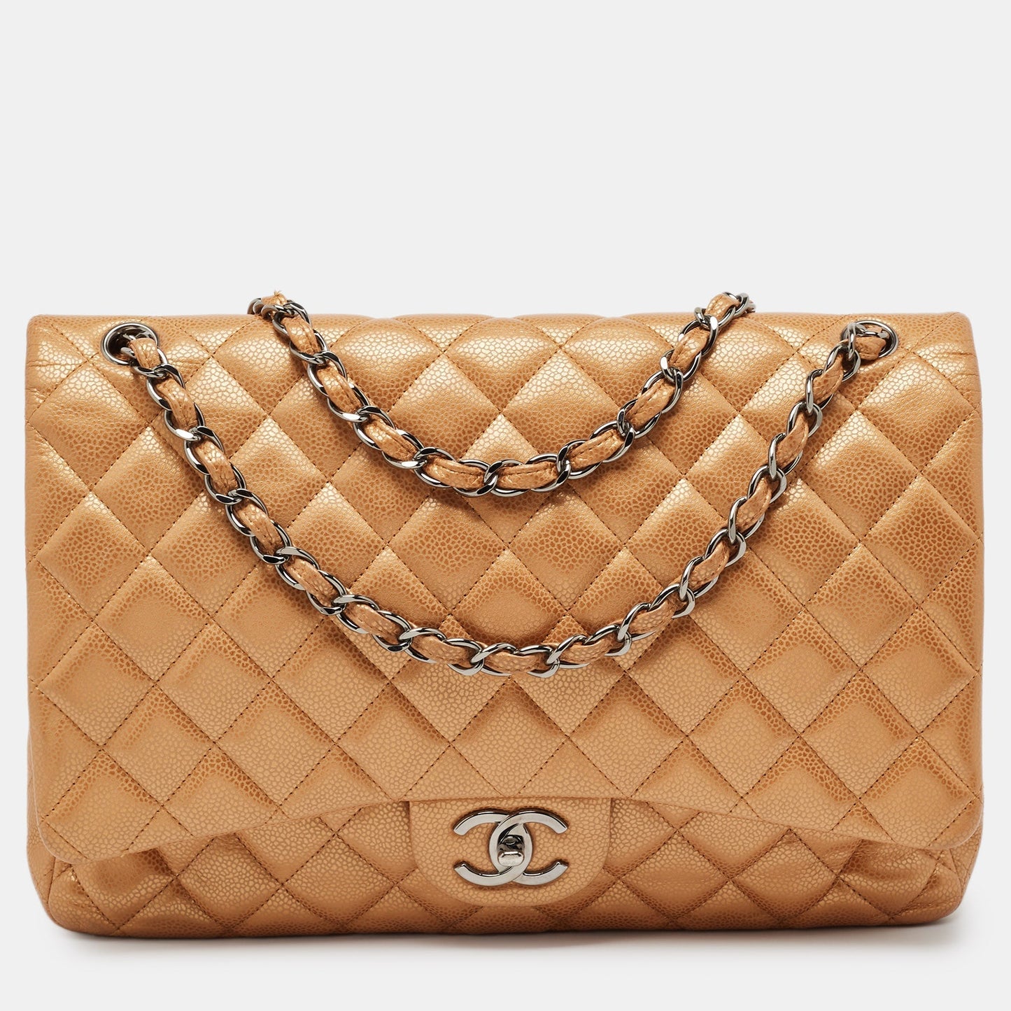 CHANEL Orange Quilted Caviar Leather Maxi Classic Double Flap Bag
