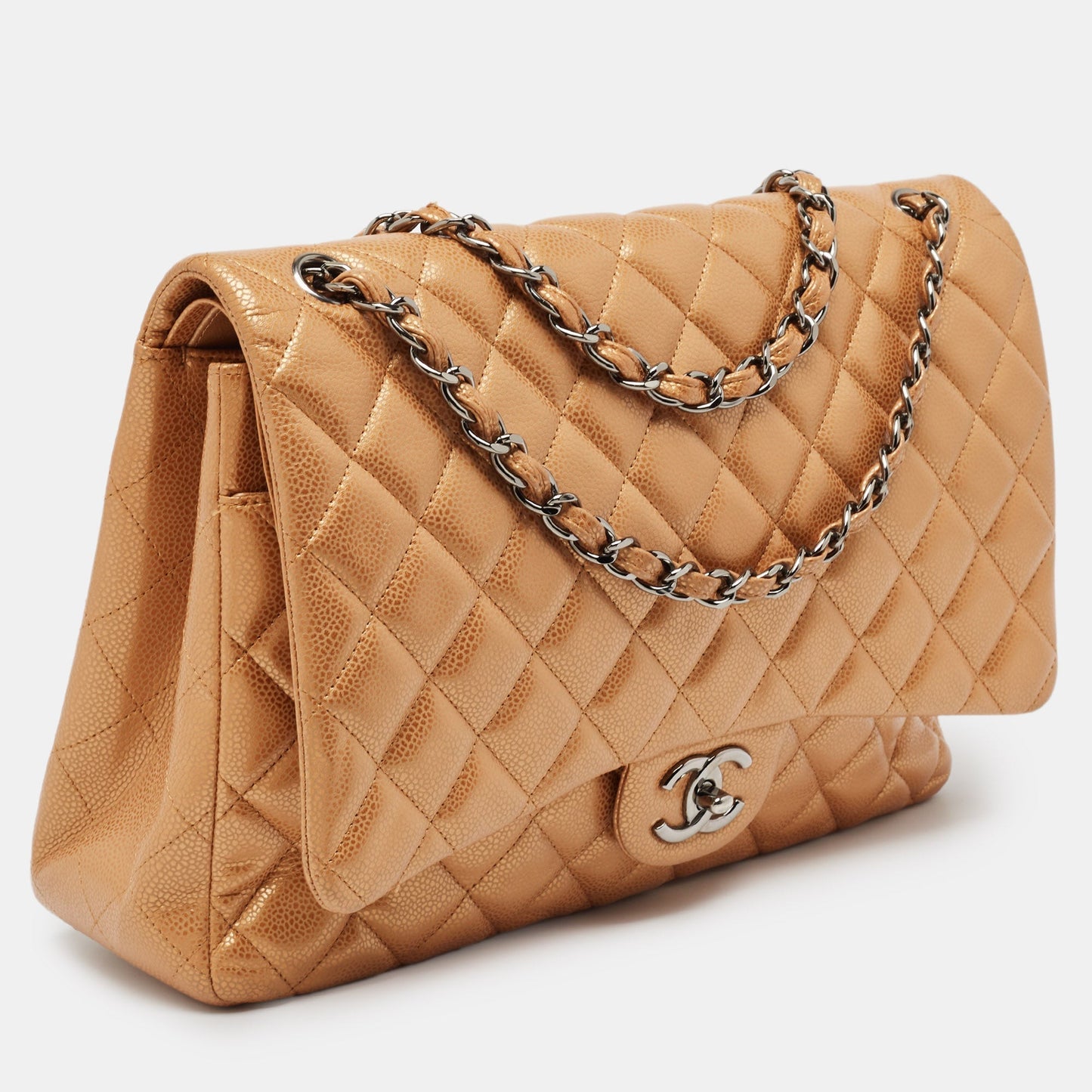 CHANEL Orange Quilted Caviar Leather Maxi Classic Double Flap Bag