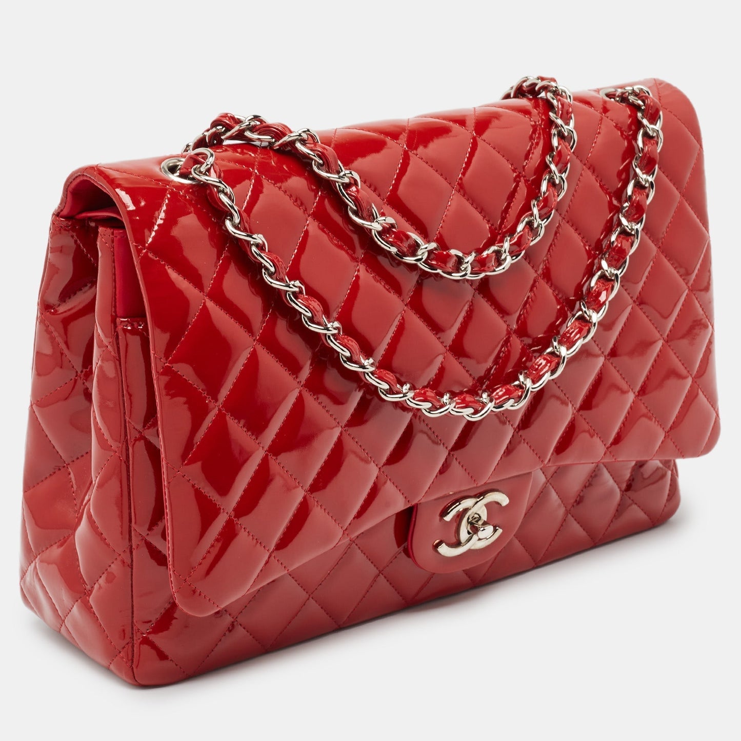 CHANEL Red Quilted Patent Leather Maxi Classic Double Flap Bag