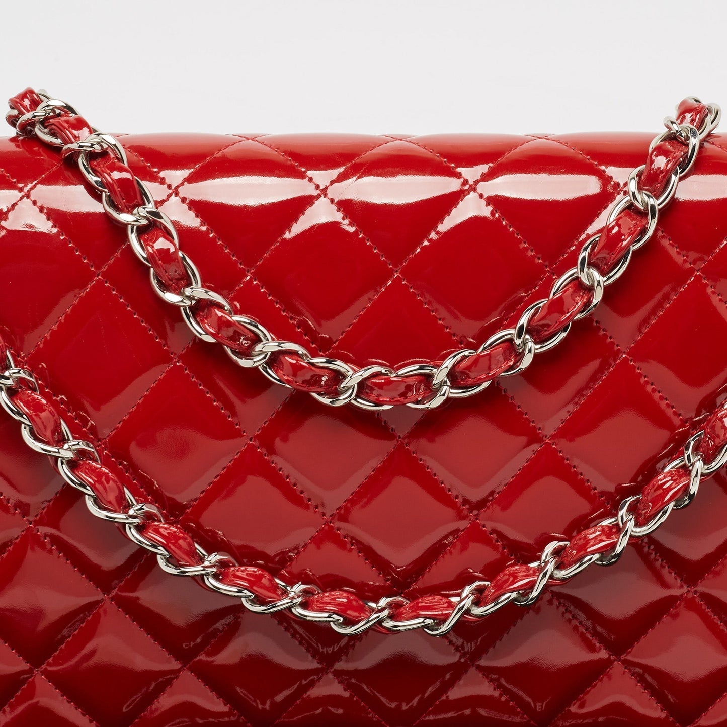 CHANEL Red Quilted Patent Leather Maxi Classic Double Flap Bag