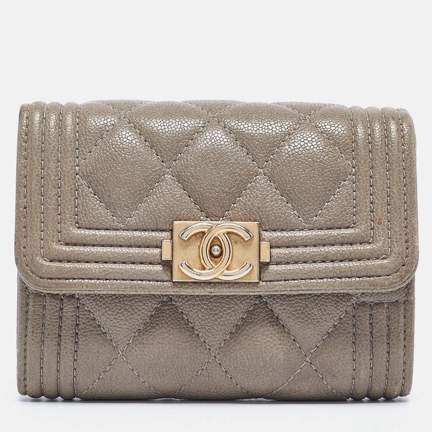 CHANEL Grey Quilted Caviar Leather Boy Wallet