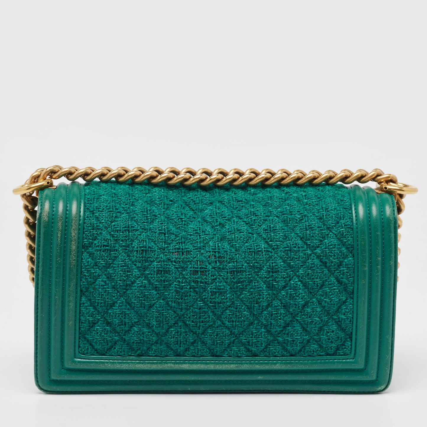 CHANEL Green Quilted Tweed and Leather Medium Boy Flap Bag
