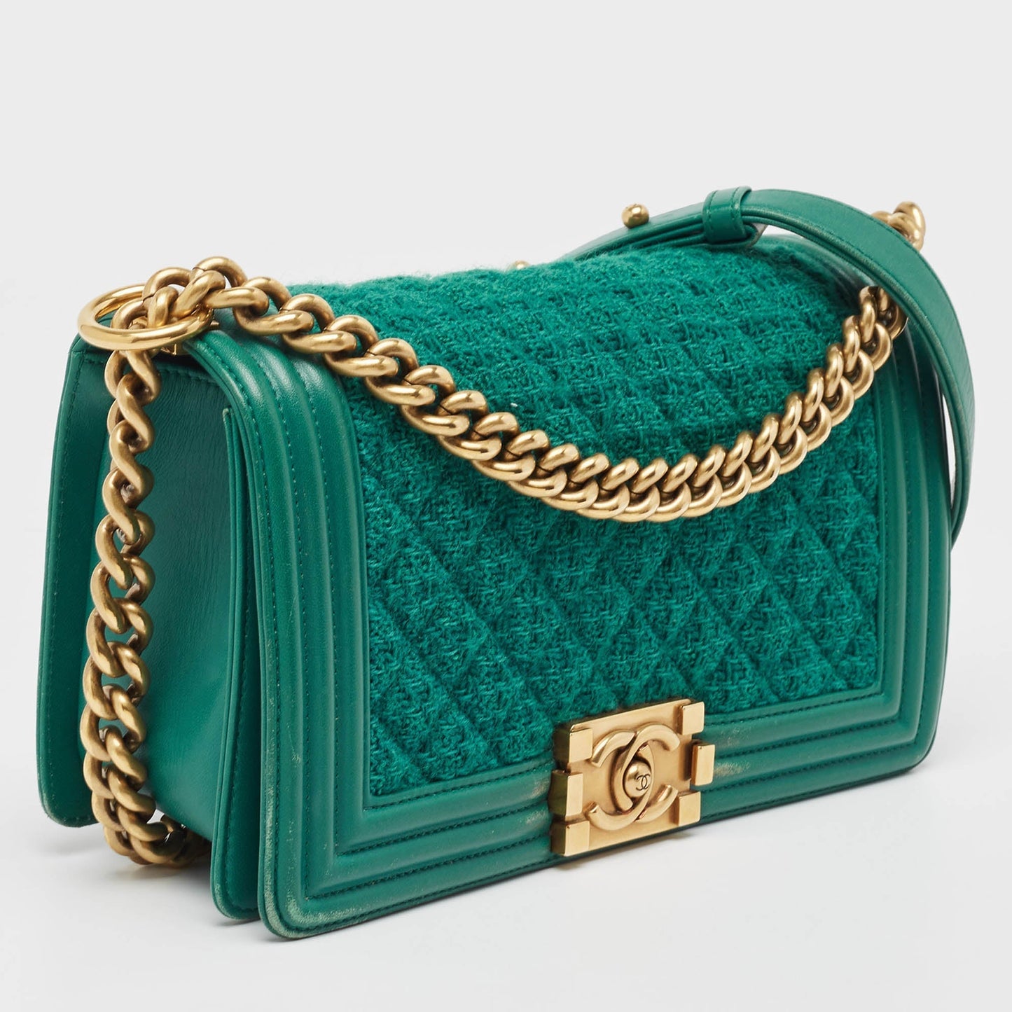 CHANEL Green Quilted Tweed and Leather Medium Boy Flap Bag