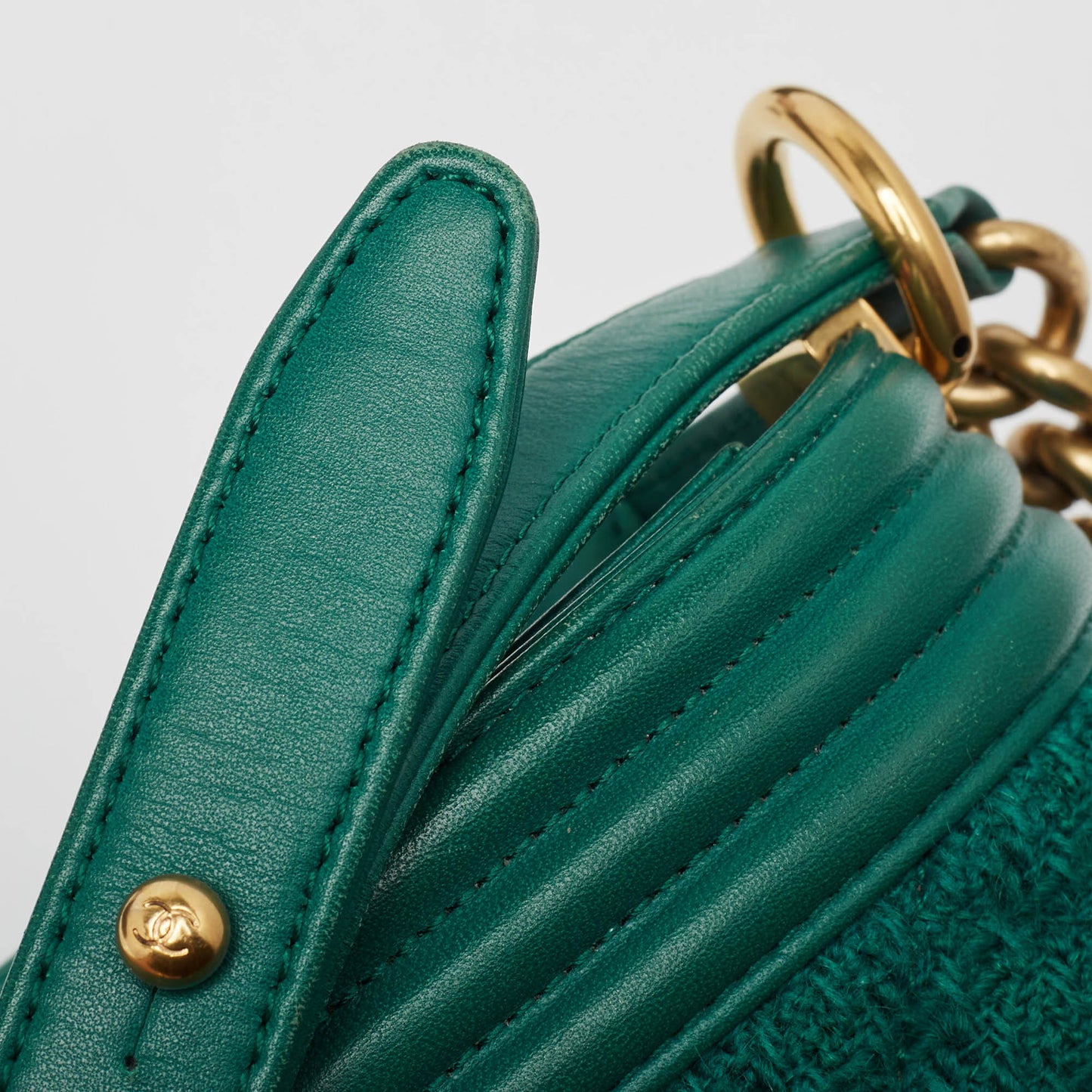 CHANEL Green Quilted Tweed and Leather Medium Boy Flap Bag