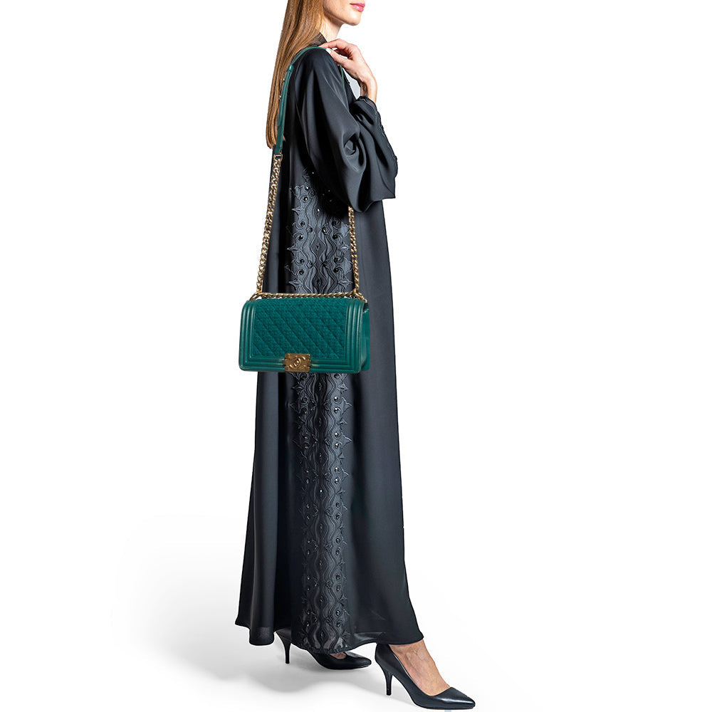 CHANEL Green Quilted Tweed and Leather Medium Boy Flap Bag