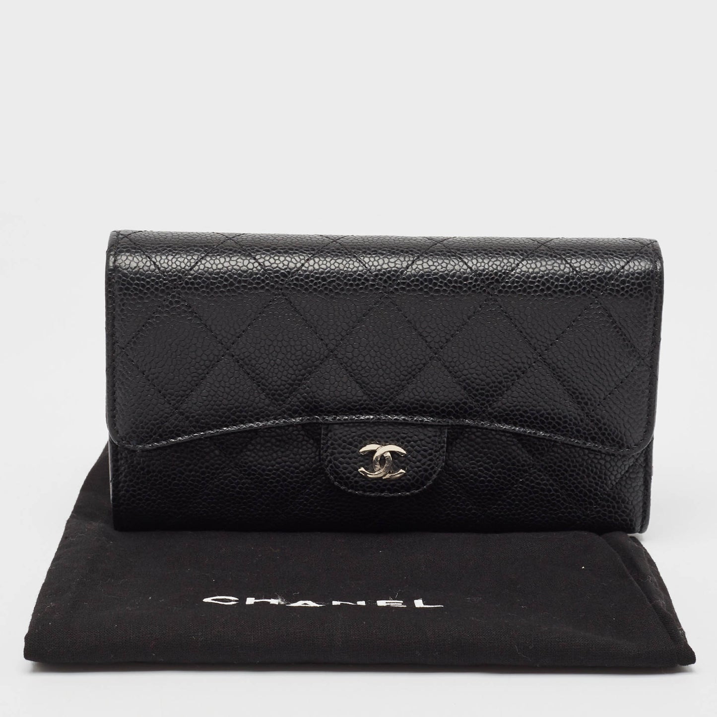 CHANEL Black Quilted Caviar Leather Classic Tri Fold Continental Wallet